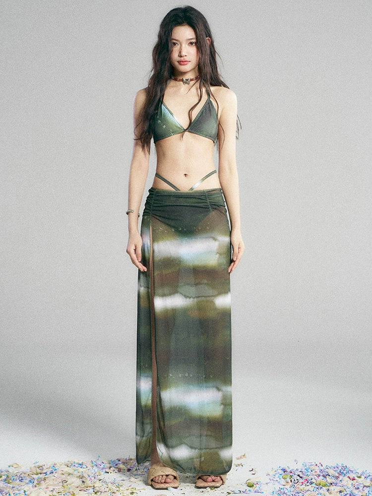 Green Galaxy Print Bikini and Skirt Set