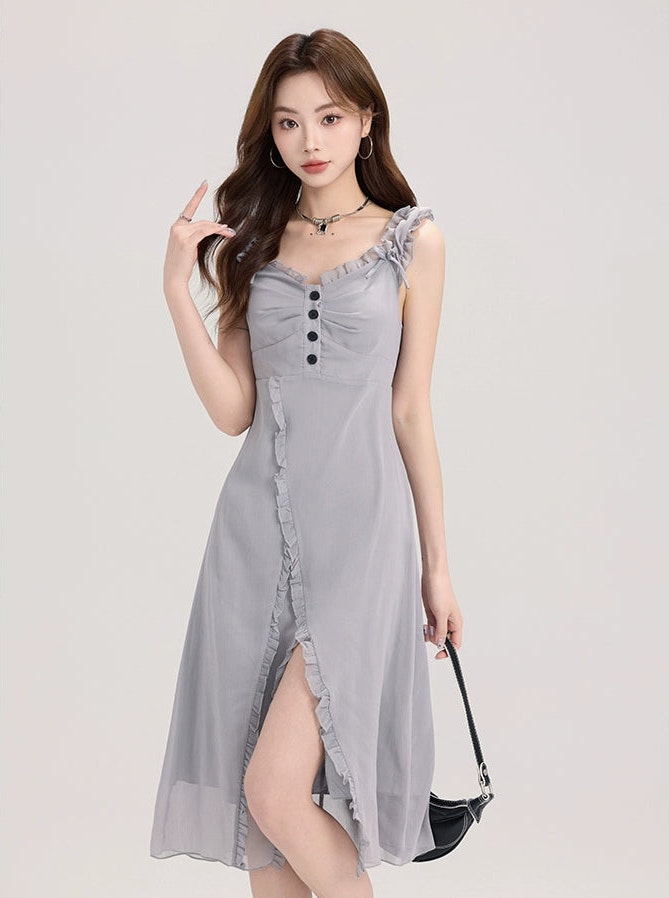Ruffle Trim Button Front Midi Dress