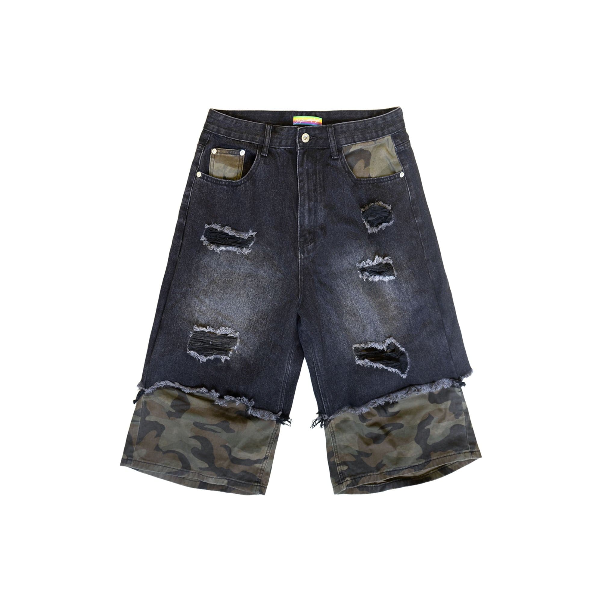 Camo Patchwork Distressed Denim Shorts