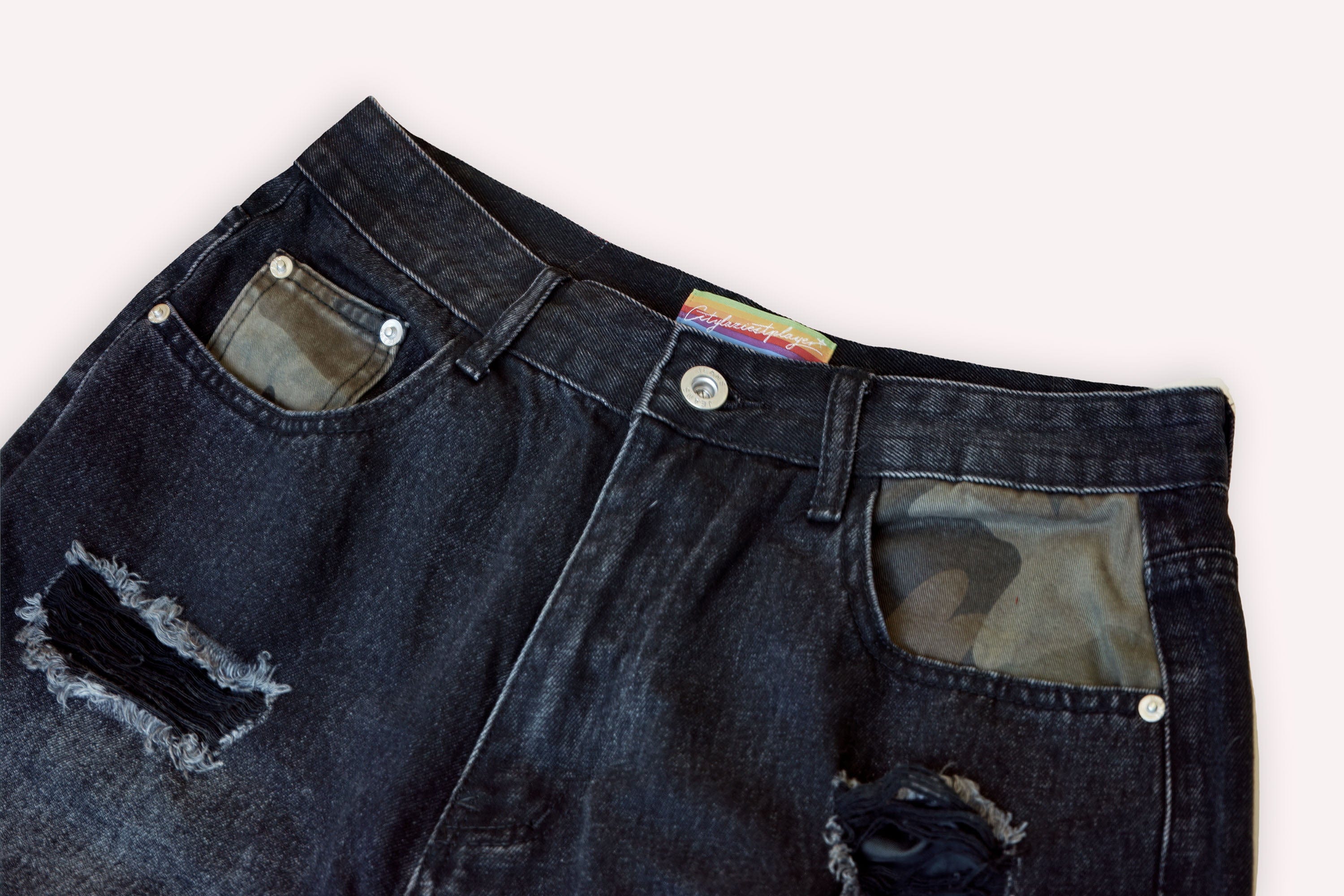 Camo Patchwork Distressed Denim Shorts