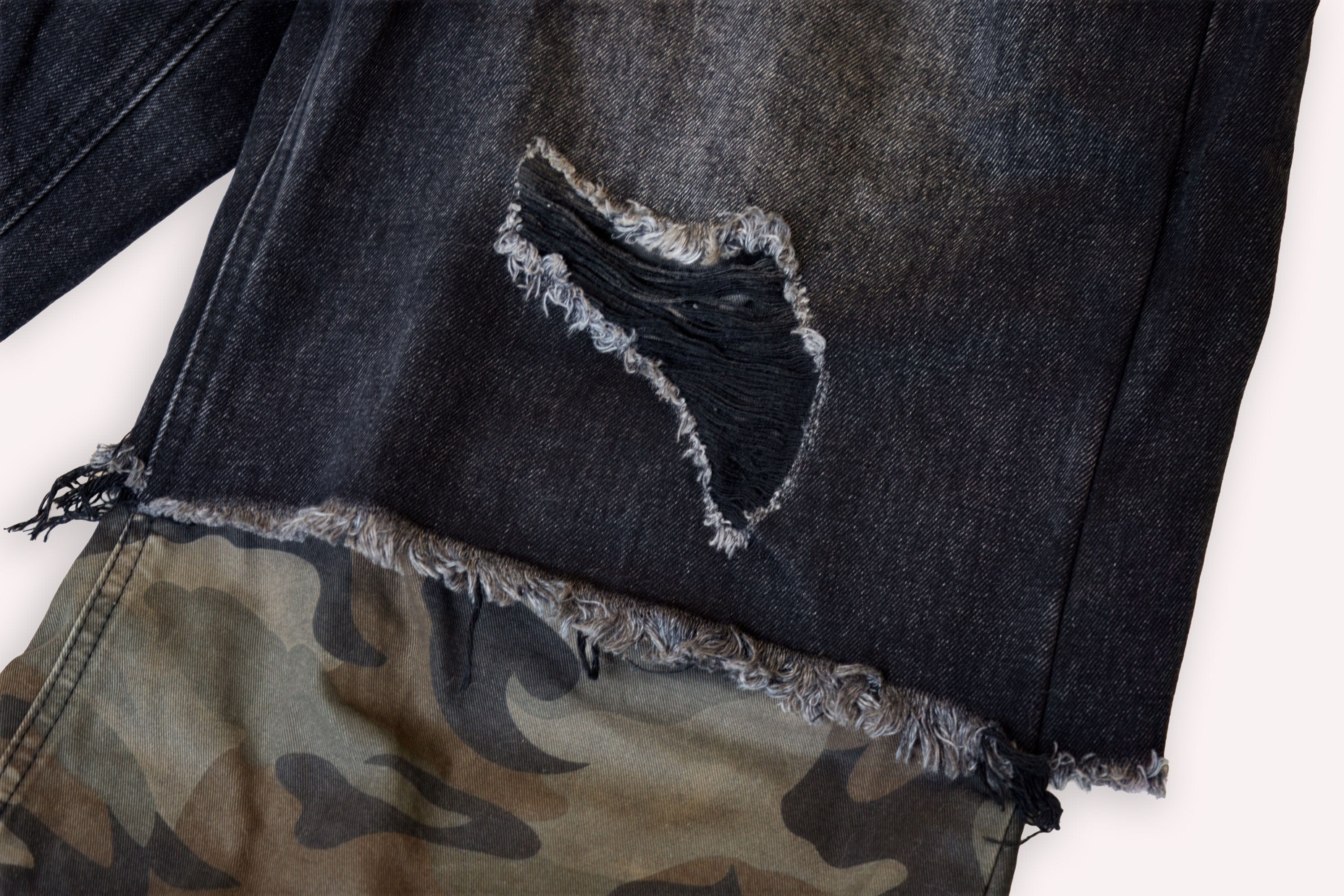 Camo Patchwork Distressed Denim Shorts