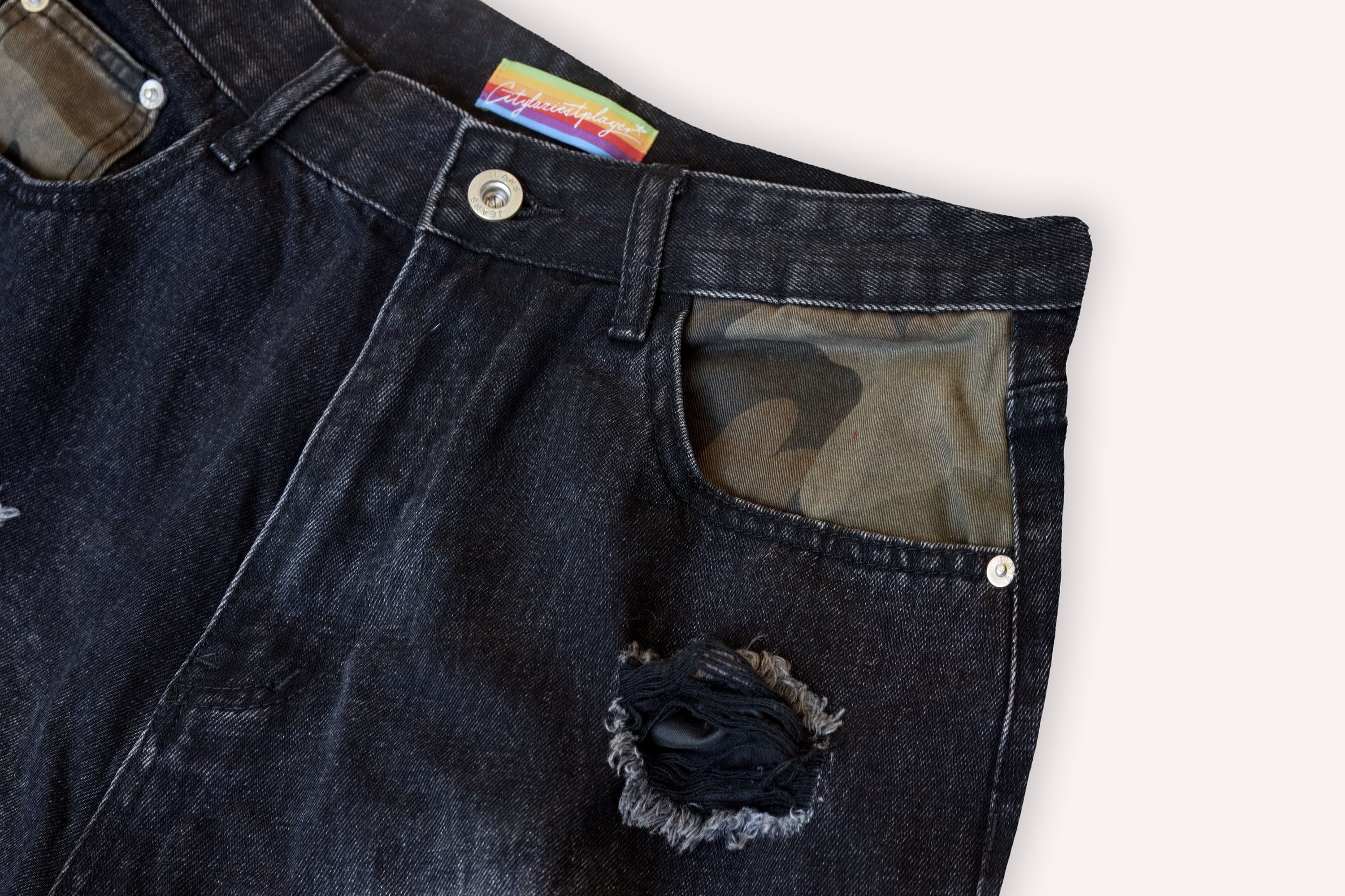 Camo Patchwork Distressed Denim Shorts