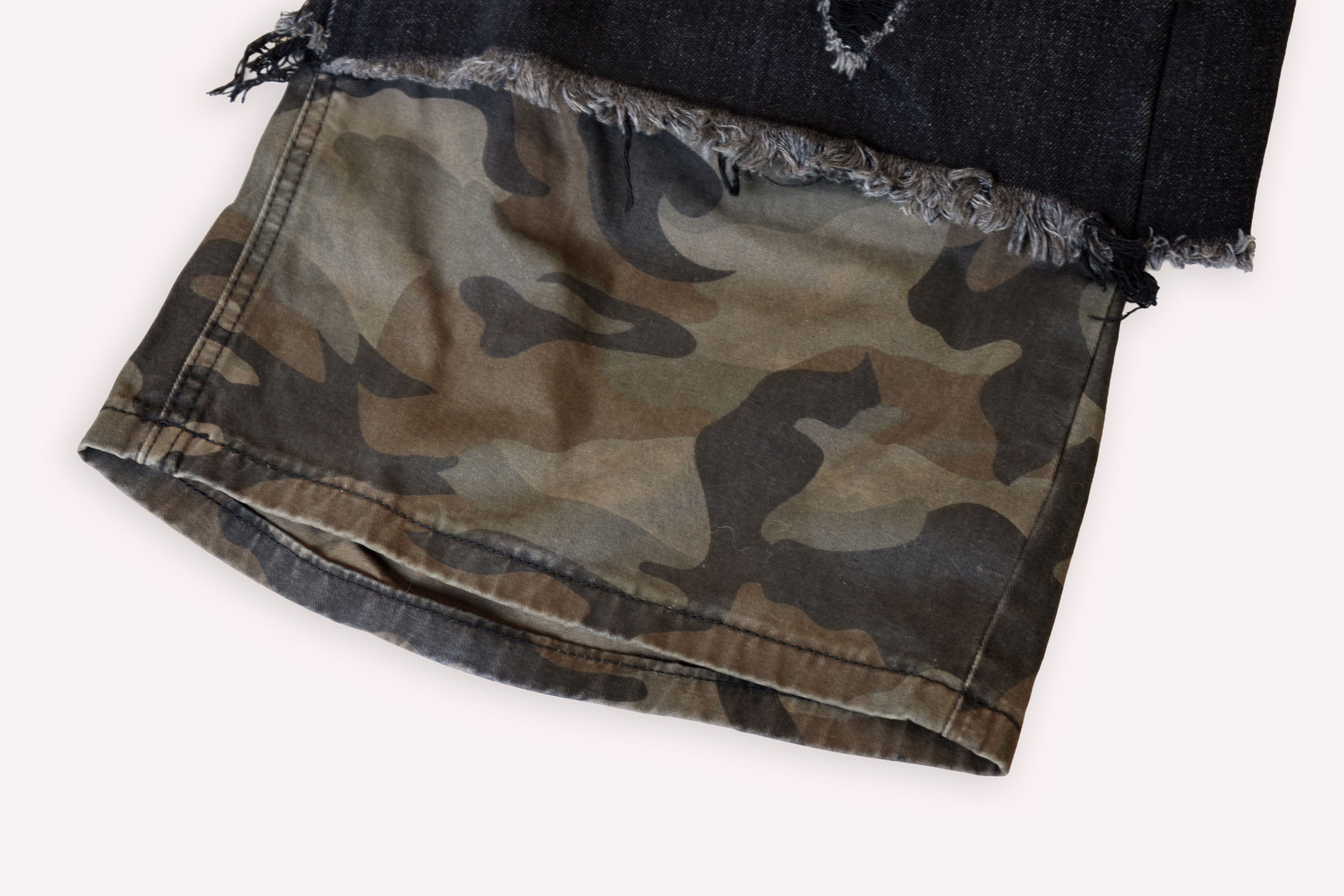Camo Patchwork Distressed Denim Shorts