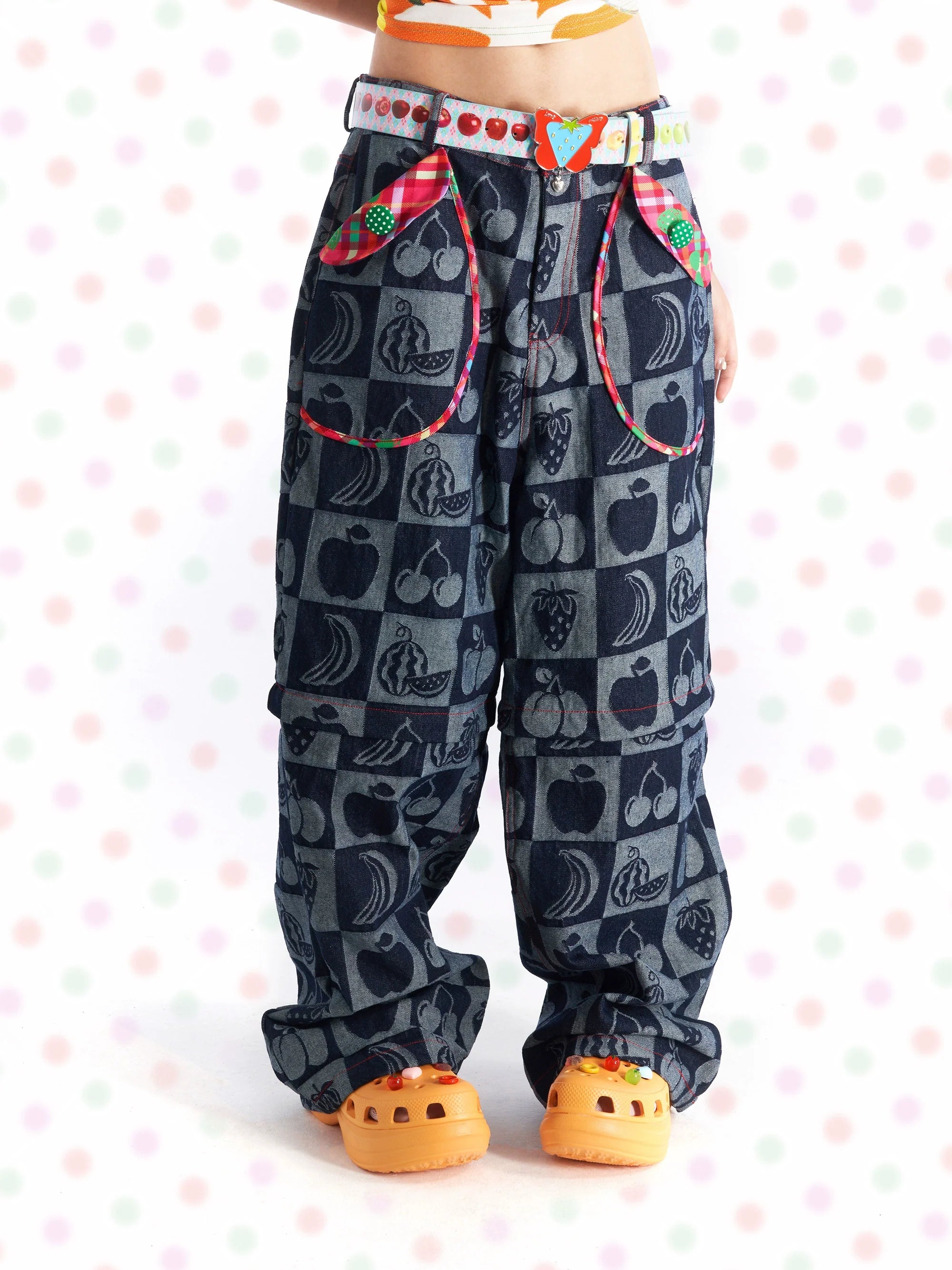 Checkered Fruit Print Denim Wide Pants