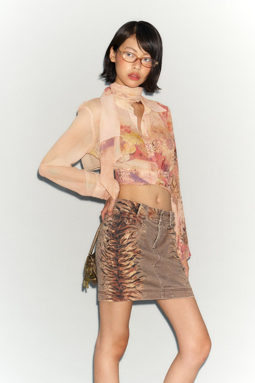 Tiger Print Denim Mini Skirt