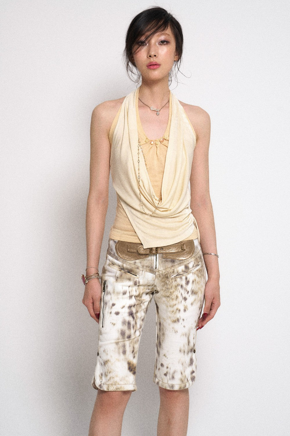 Cream Draped Cowl Neck Halter Top