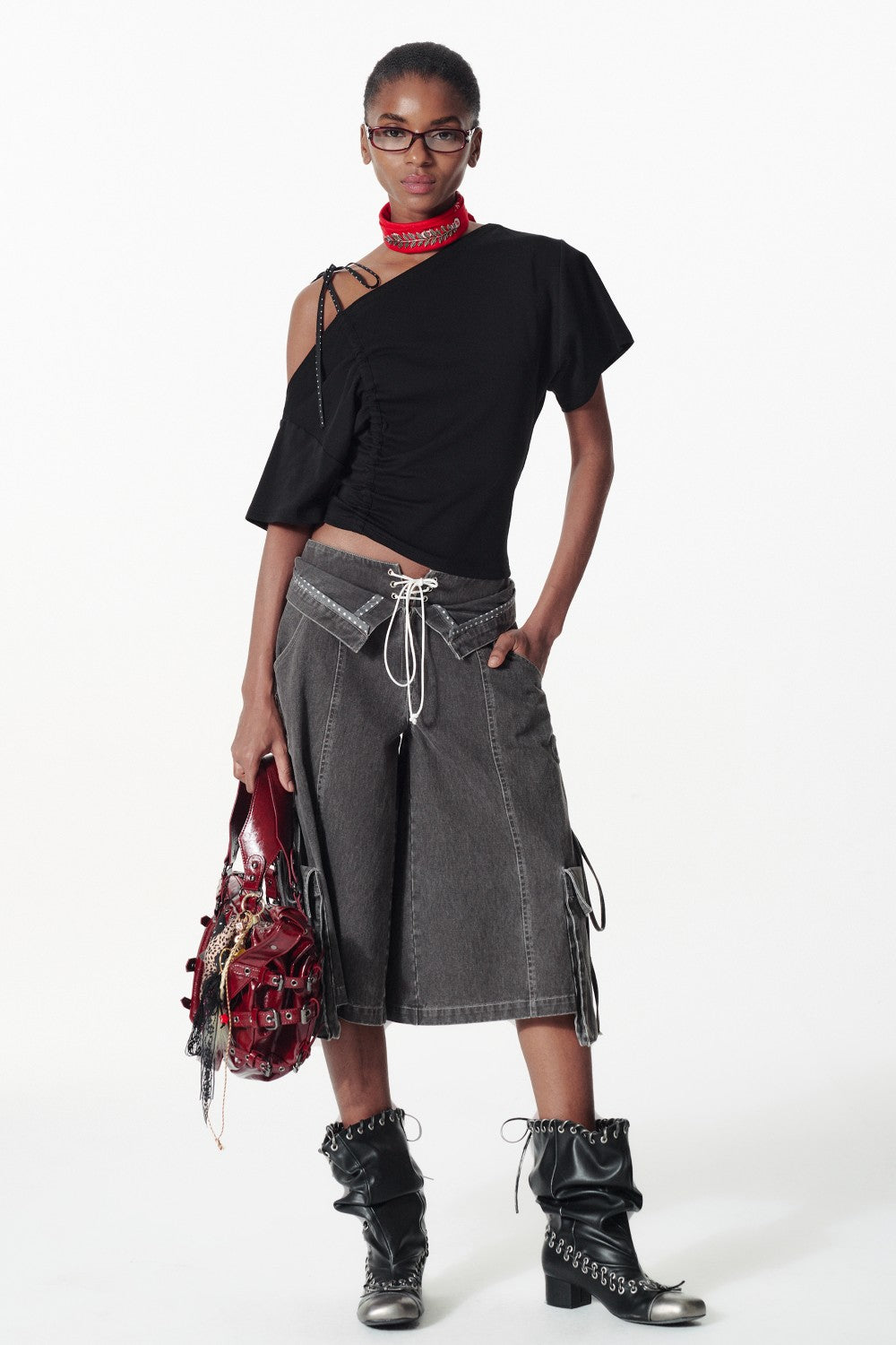 Wide Leg Cargo Capri Shorts with Side Ties