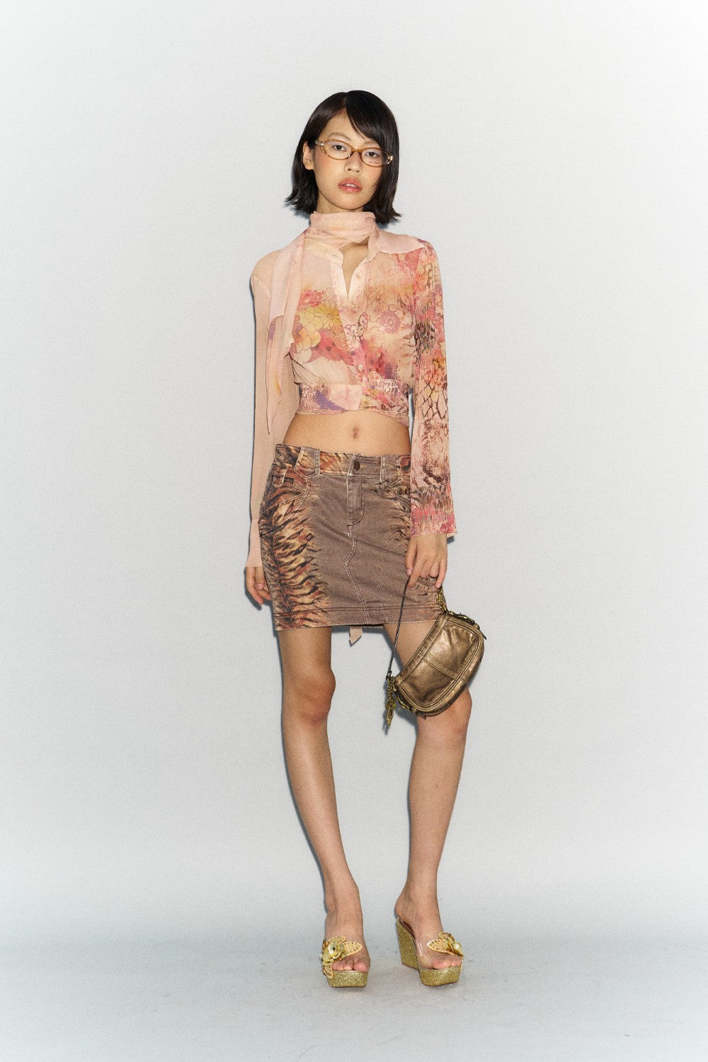 Tiger Print Denim Mini Skirt