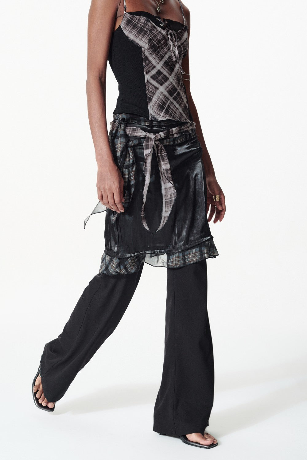 Plaid Trim Layered Satin Skirt Pants