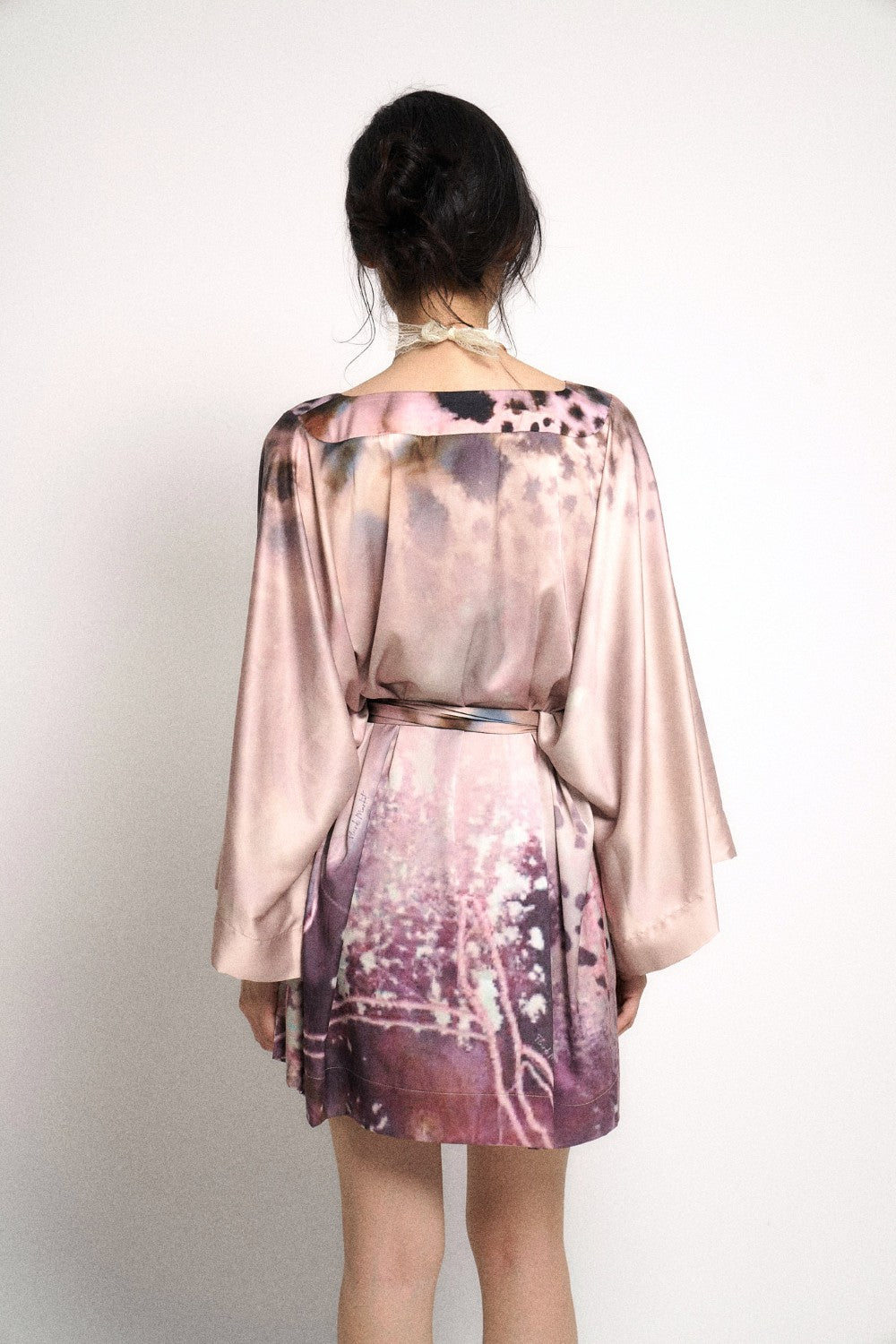 Silk Tie-Dye Kimono Wrap Dress with Bell Sleeves