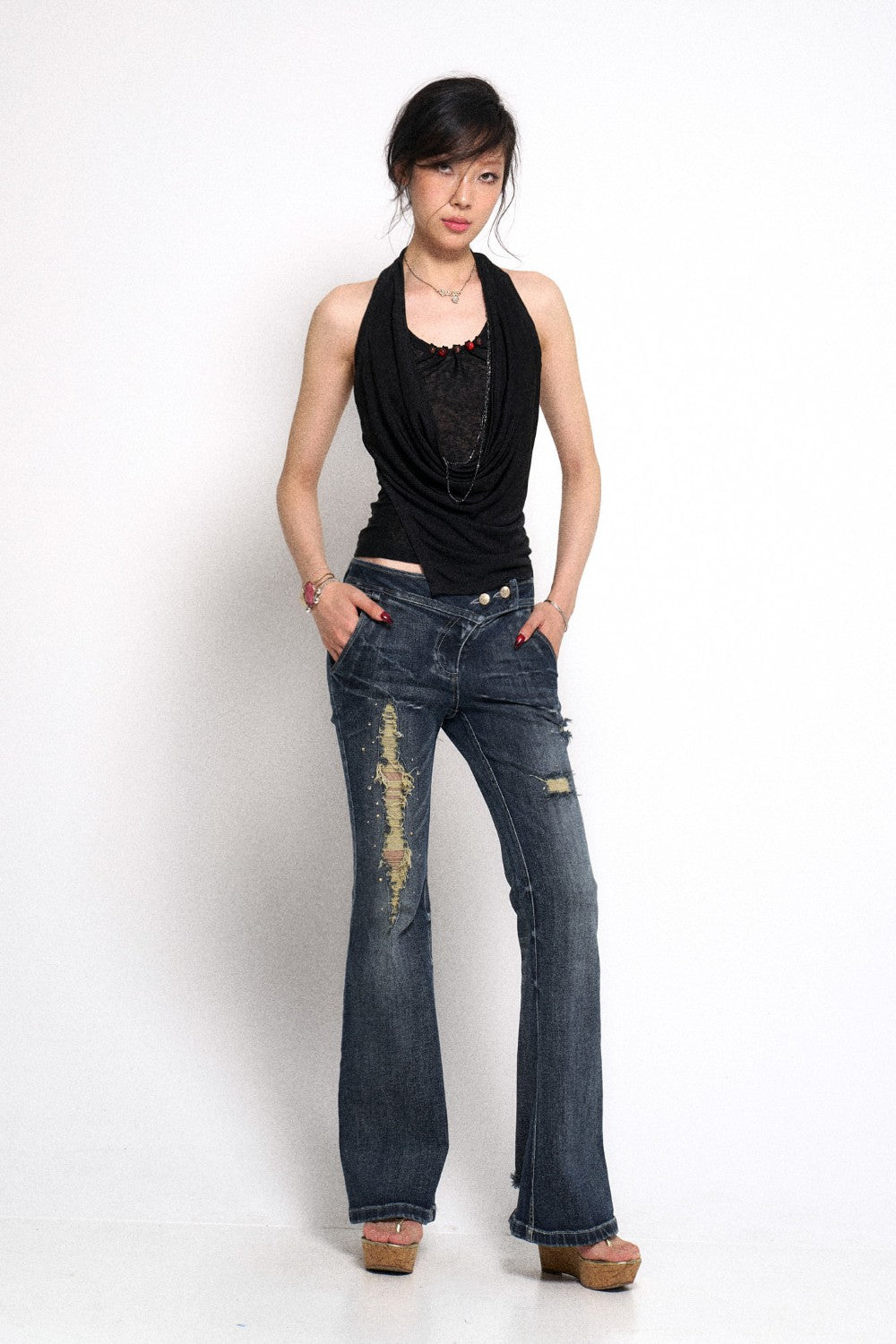 Ripped Distressed Dark Flare Denim Jeans