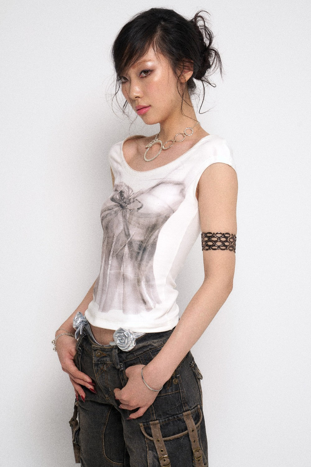 White Ribbon Print Cap Sleeve Top
