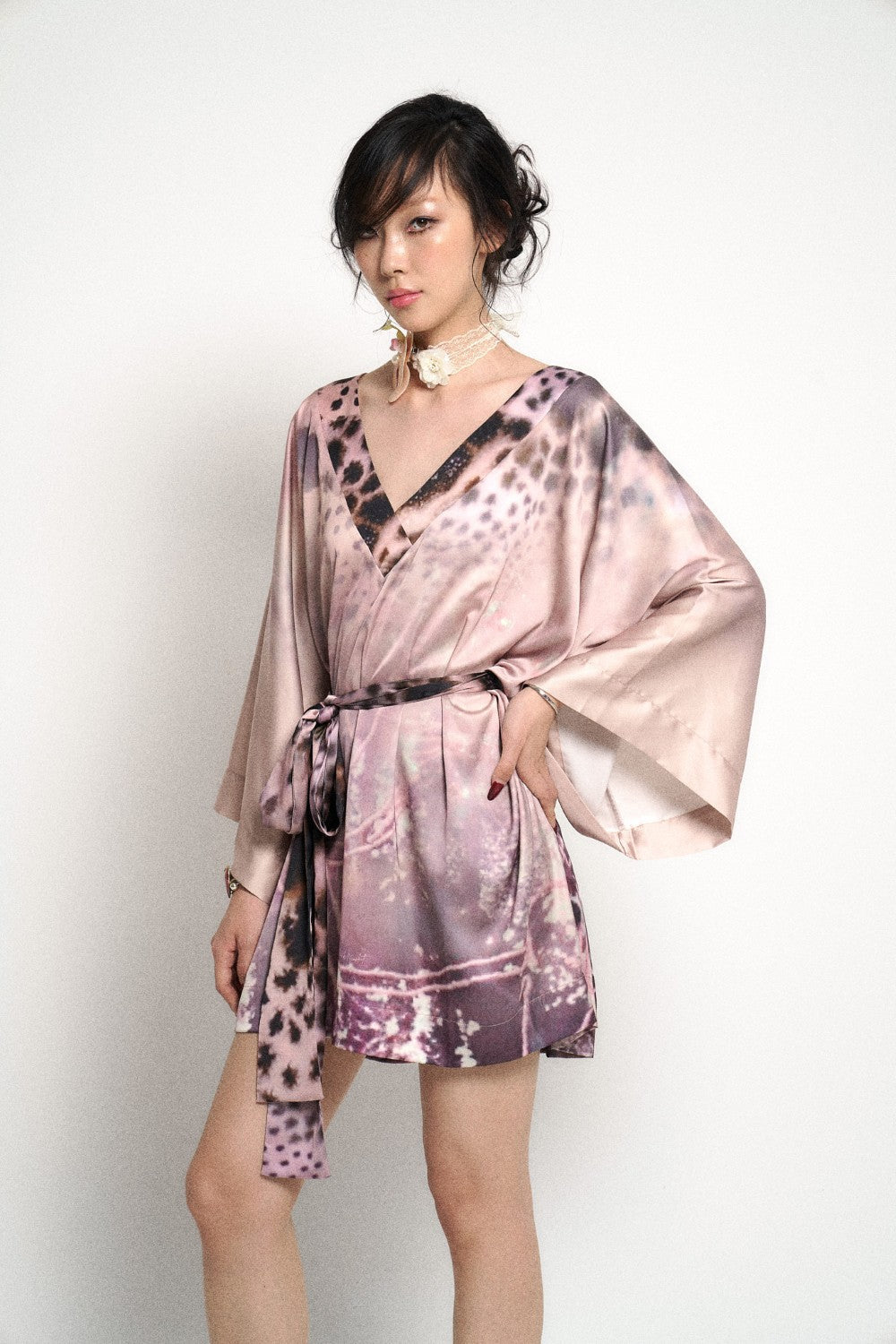 Silk Tie-Dye Kimono Wrap Dress with Bell Sleeves