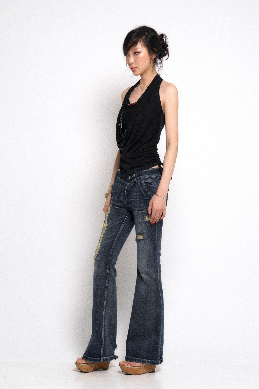 Ripped Distressed Dark Flare Denim Jeans