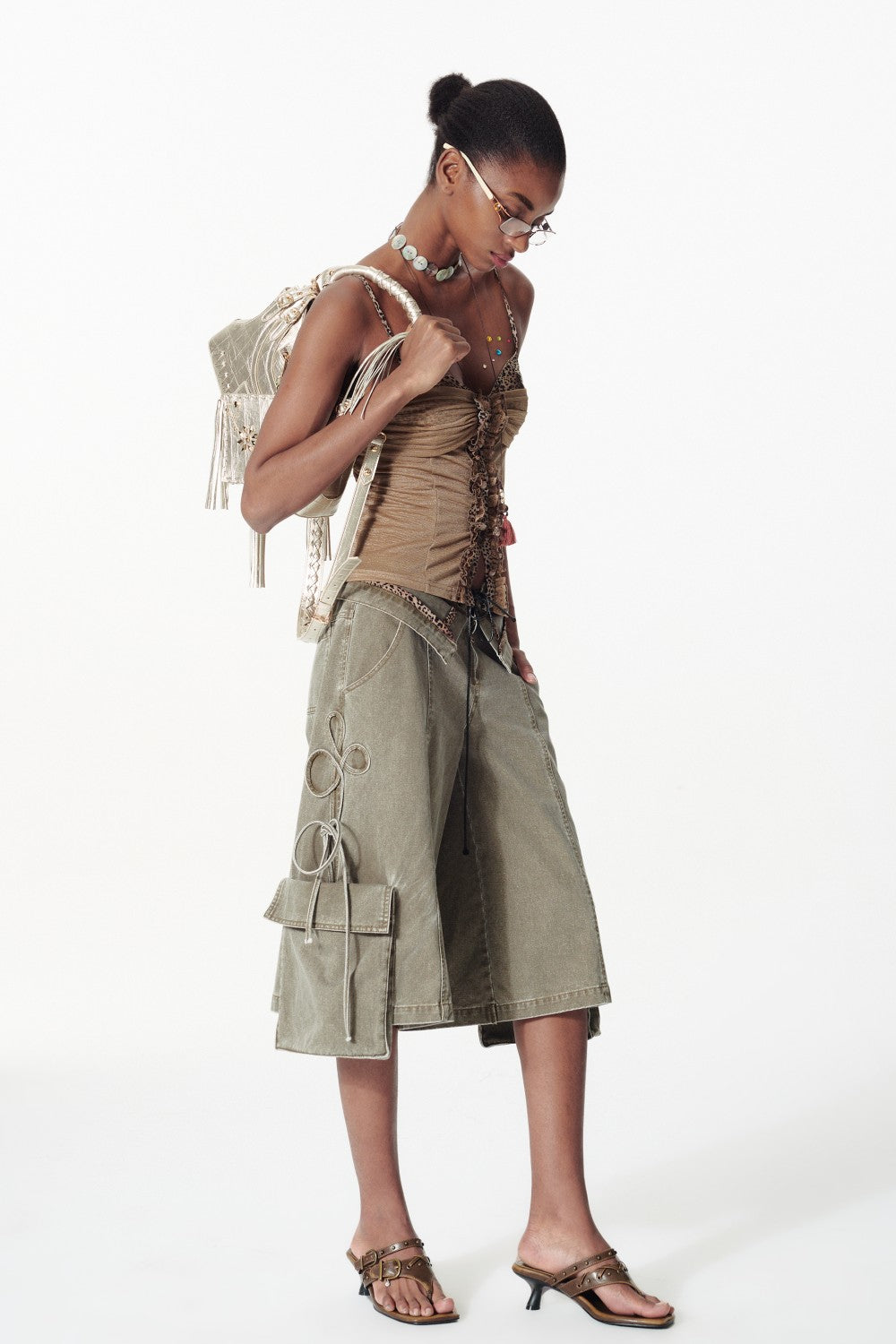 Wide Leg Cargo Capri Shorts with Side Ties