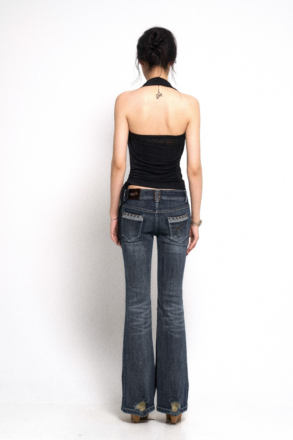 Ripped Distressed Dark Flare Denim Jeans