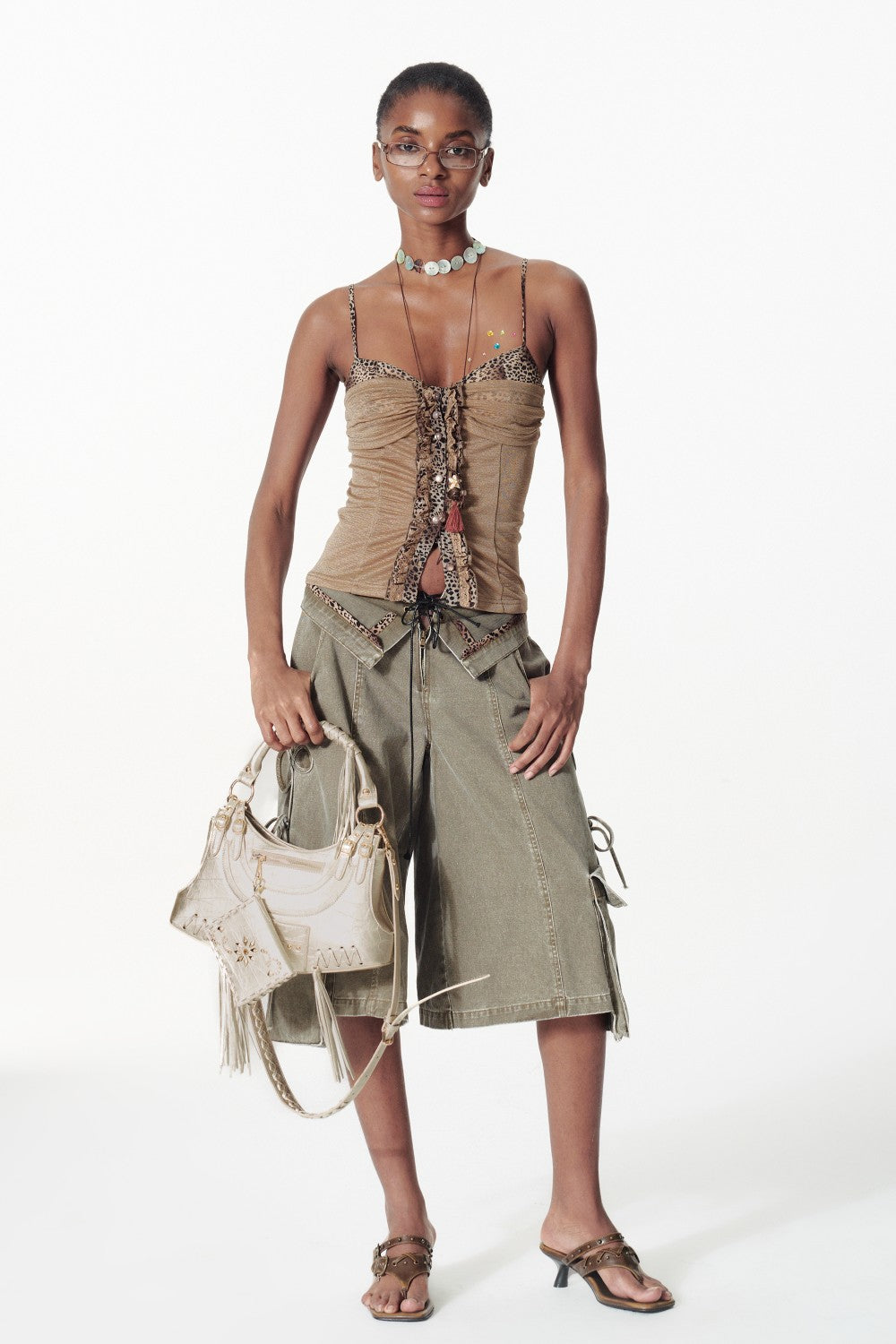 Wide Leg Cargo Capri Shorts with Side Ties
