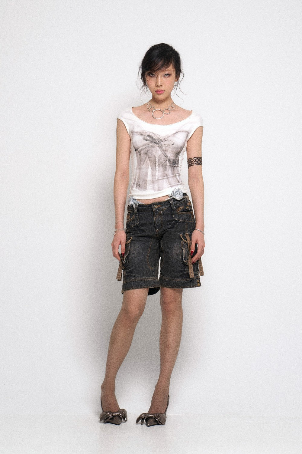 White Ribbon Print Cap Sleeve Top