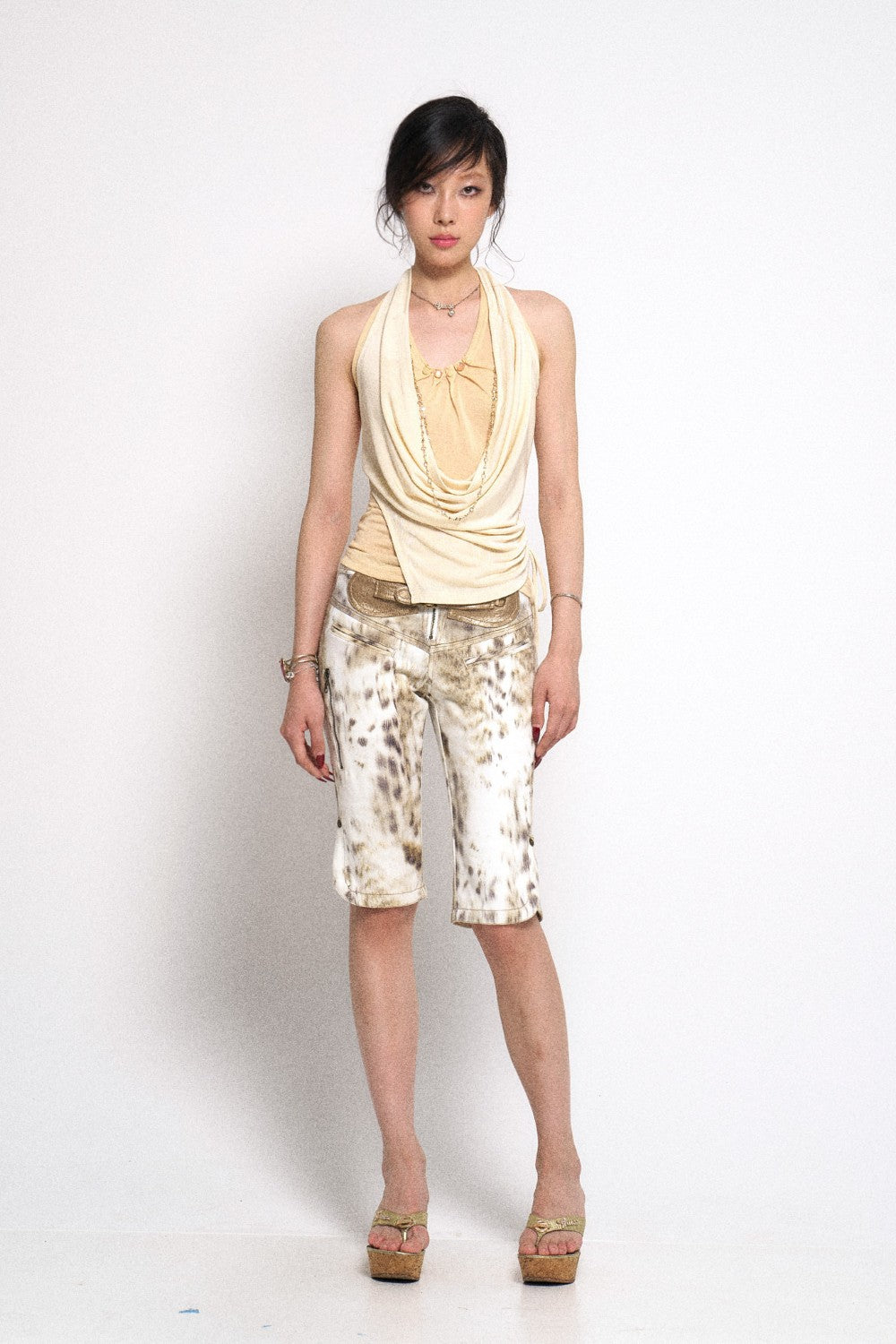 Cream Draped Cowl Neck Halter Top