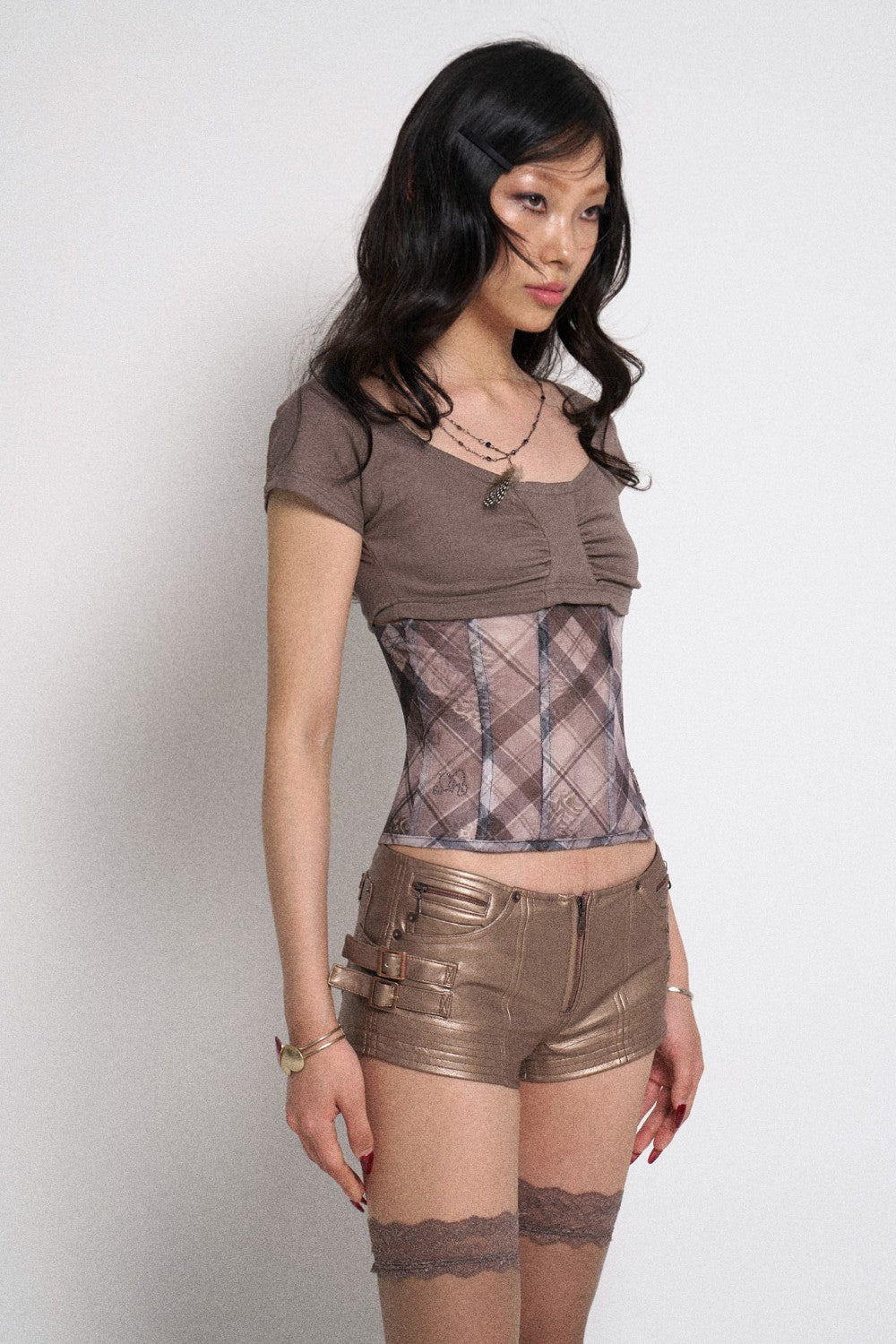 Brown Plaid Corset Crop Top