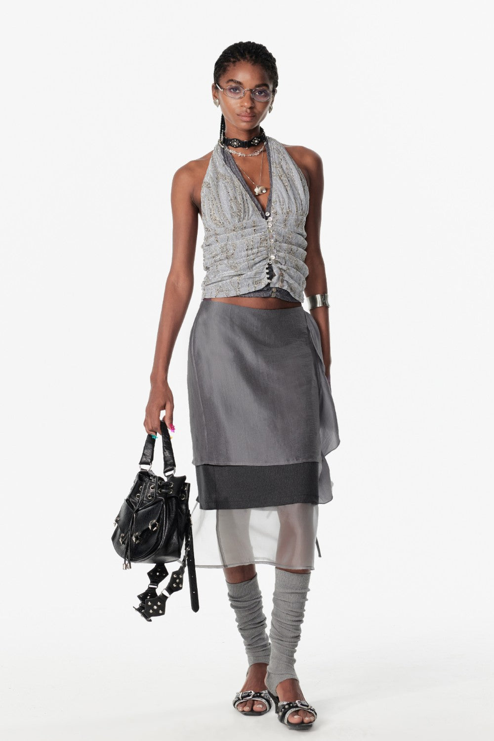 Ruched Halter Button Top