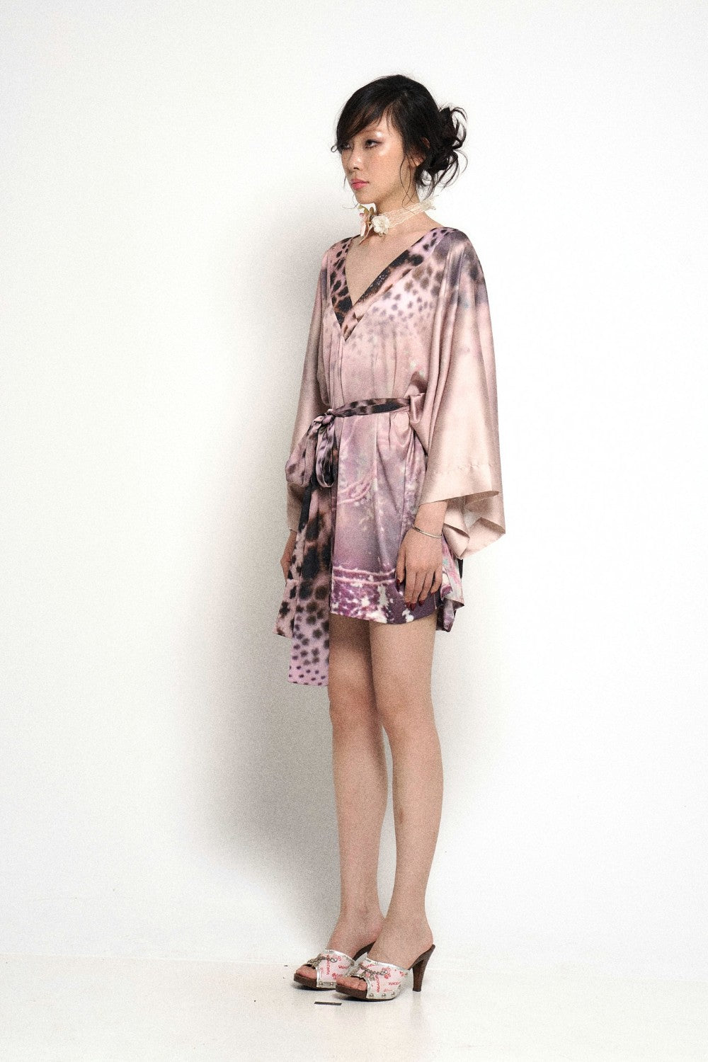 Silk Tie-Dye Kimono Wrap Dress with Bell Sleeves