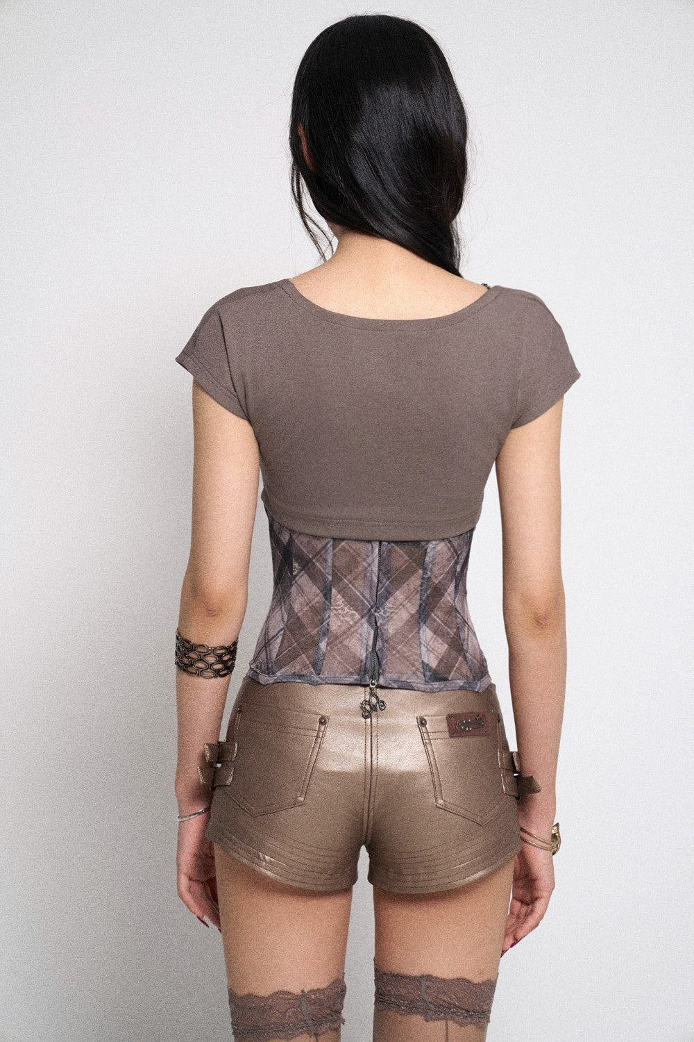 Brown Plaid Corset Crop Top