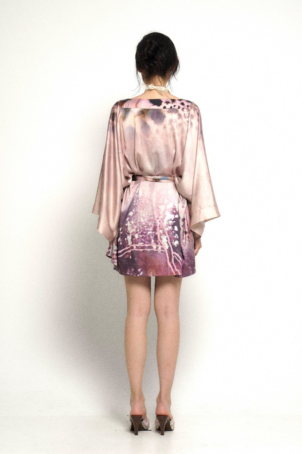 Silk Tie-Dye Kimono Wrap Dress with Bell Sleeves