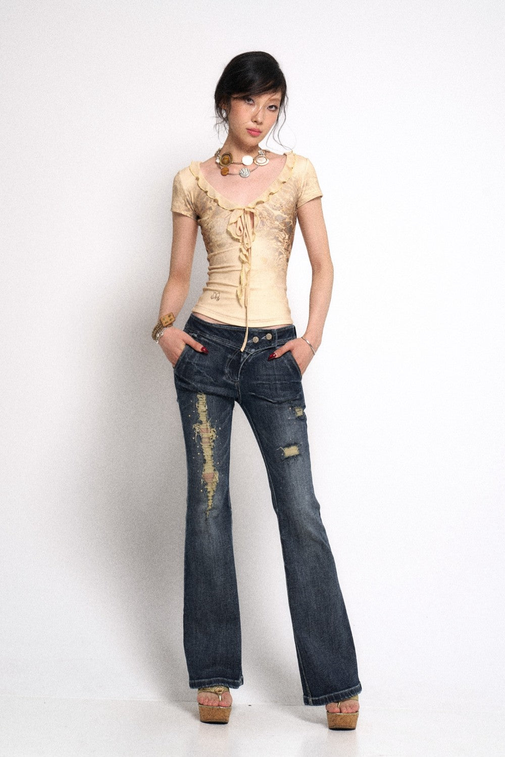 Ripped Distressed Dark Flare Denim Jeans