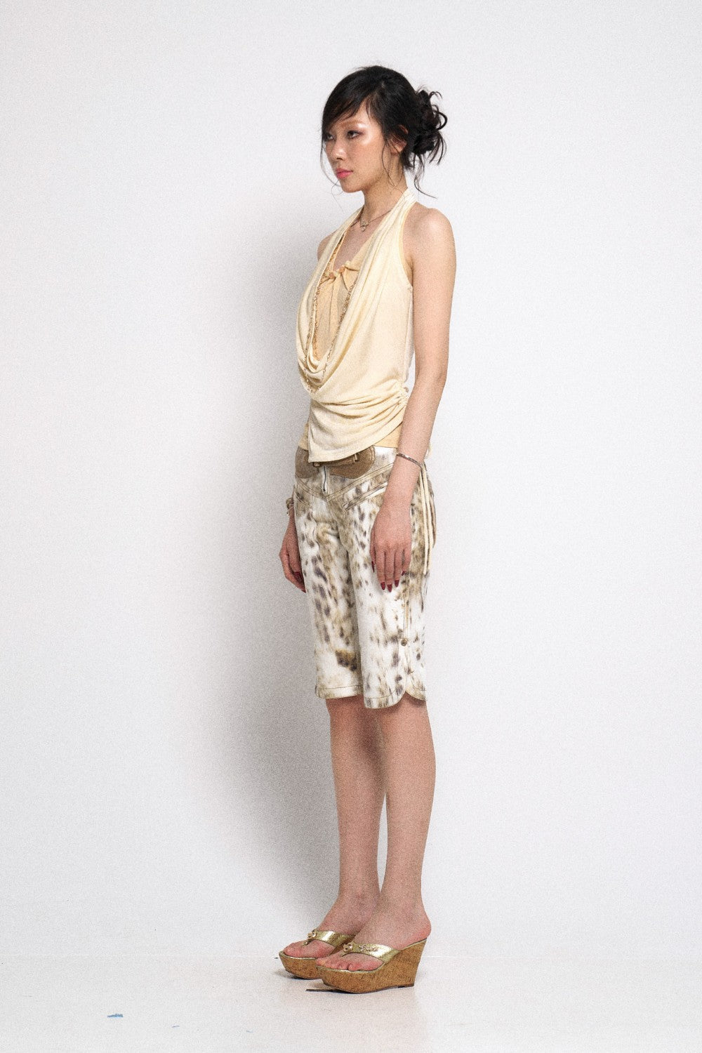 Cream Draped Cowl Neck Halter Top