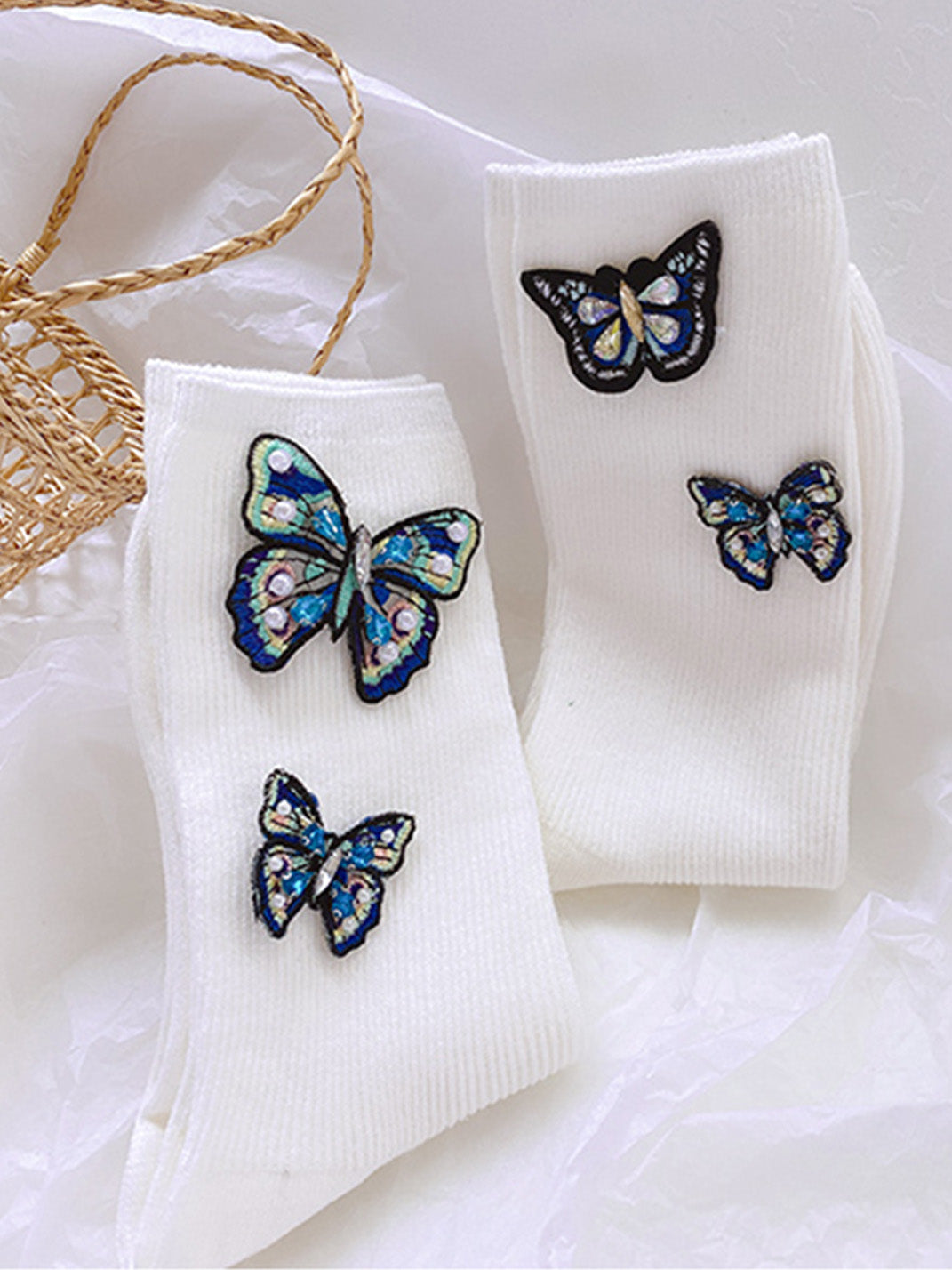 Embroidered Butterfly Pearl Socks