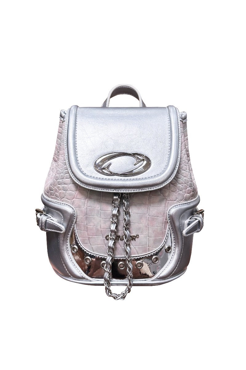 Silver and Pink Croc-Embossed Mini Backpack