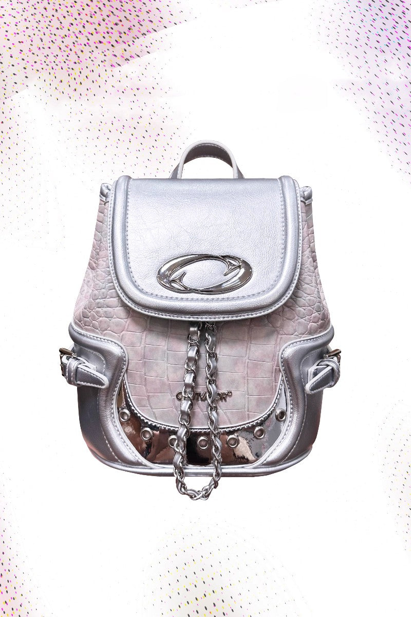 Silver and Pink Croc-Embossed Mini Backpack