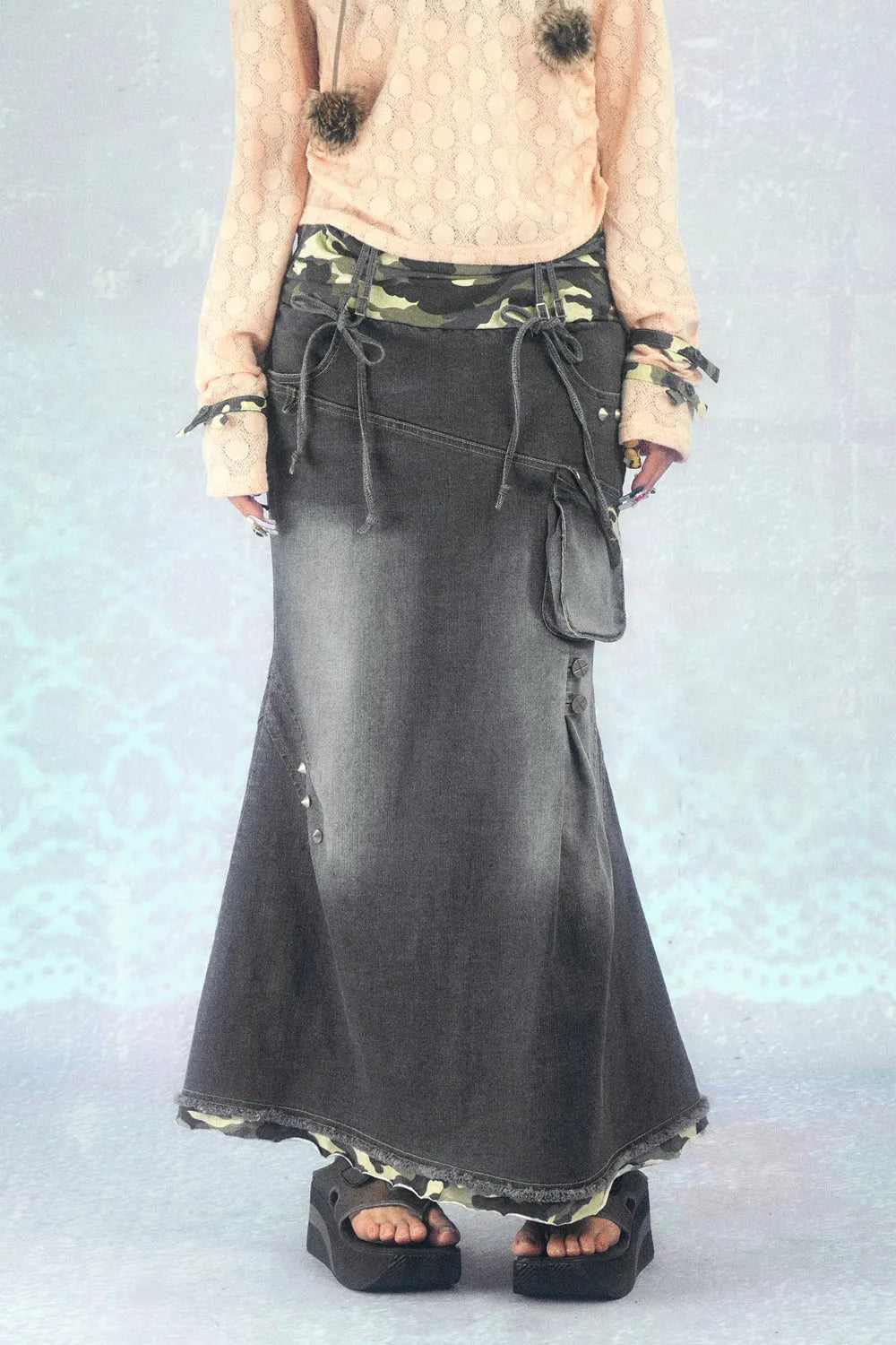 Camo-Trimmed Denim Maxi Skirt