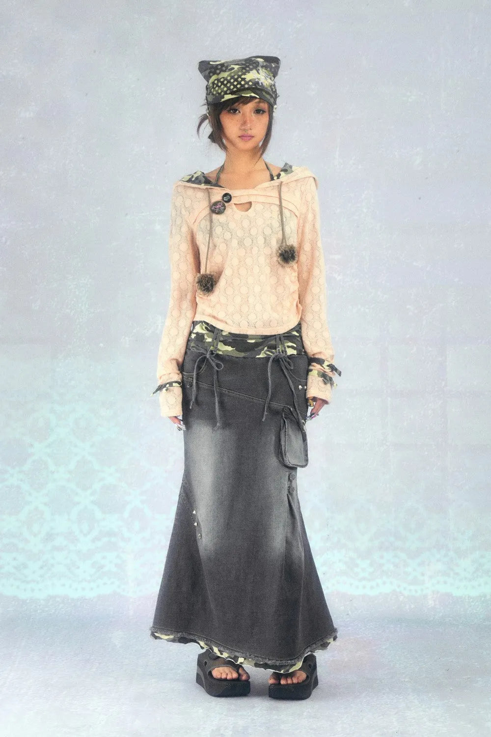 Camo-Trimmed Denim Maxi Skirt