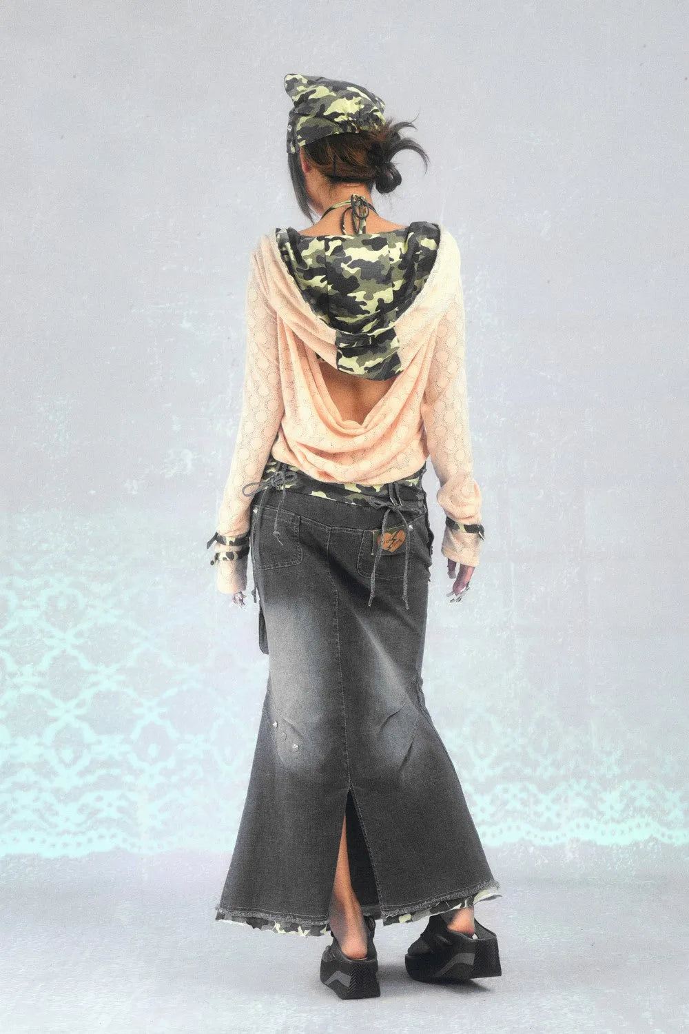 Camo-Trimmed Denim Maxi Skirt