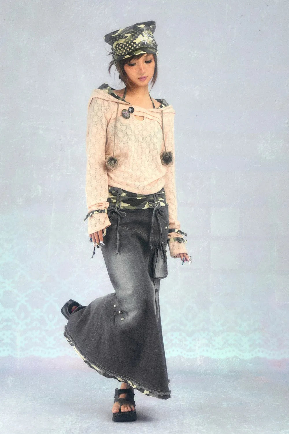 Camo-Trimmed Denim Maxi Skirt