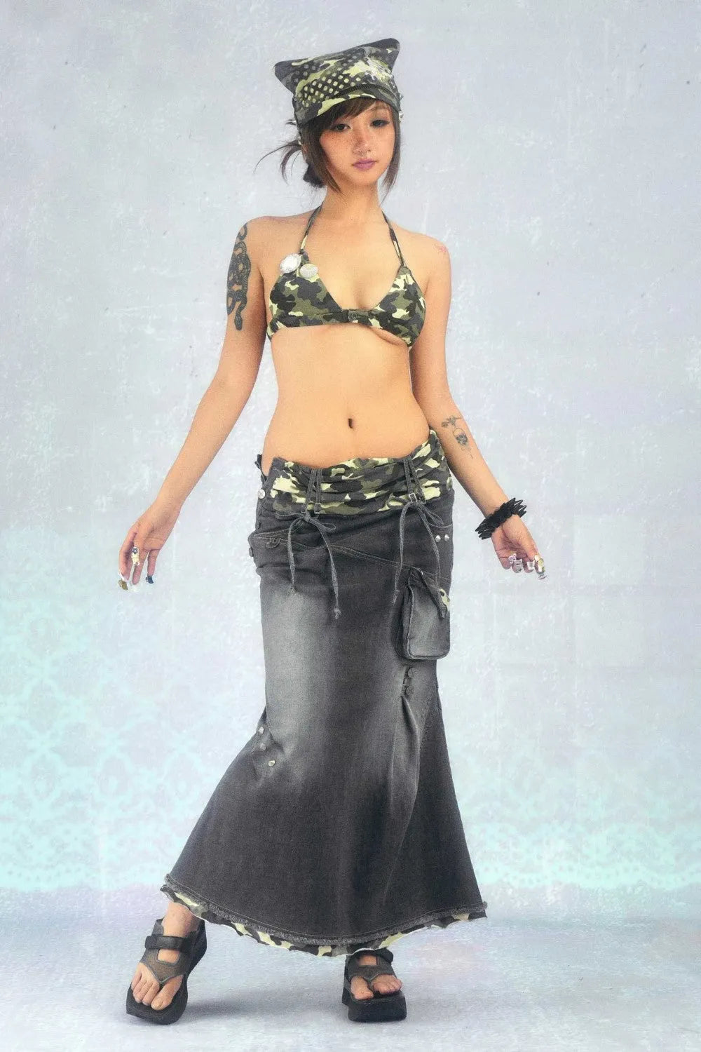 Camo-Trimmed Denim Maxi Skirt