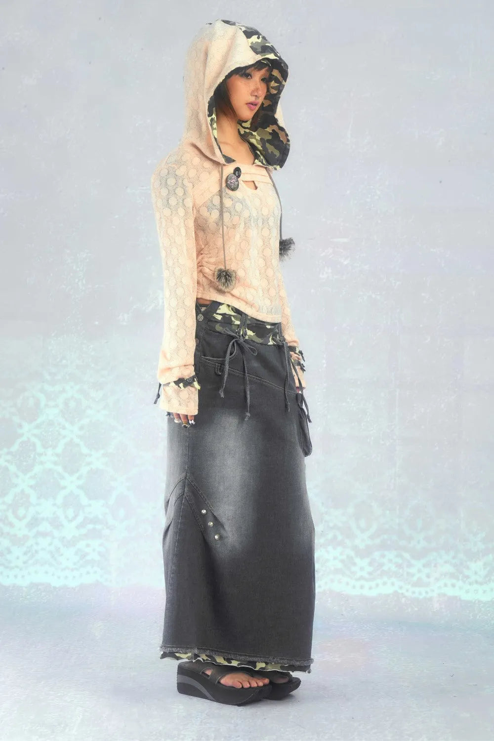 Camo-Trimmed Denim Maxi Skirt