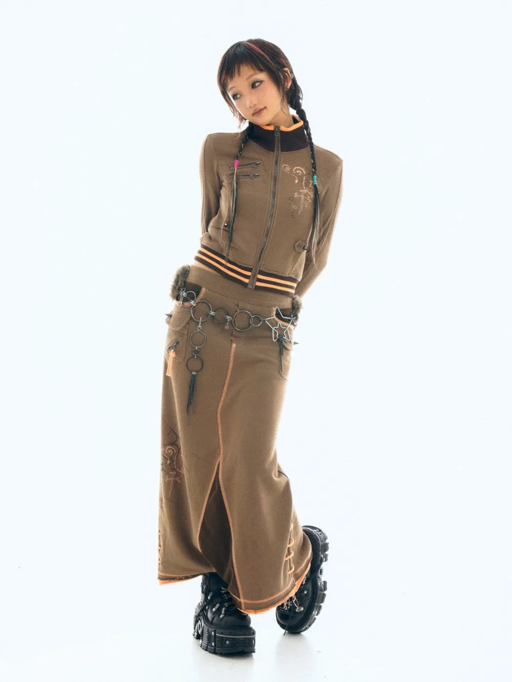 Embroidered Chain Cargo Maxi Skirt