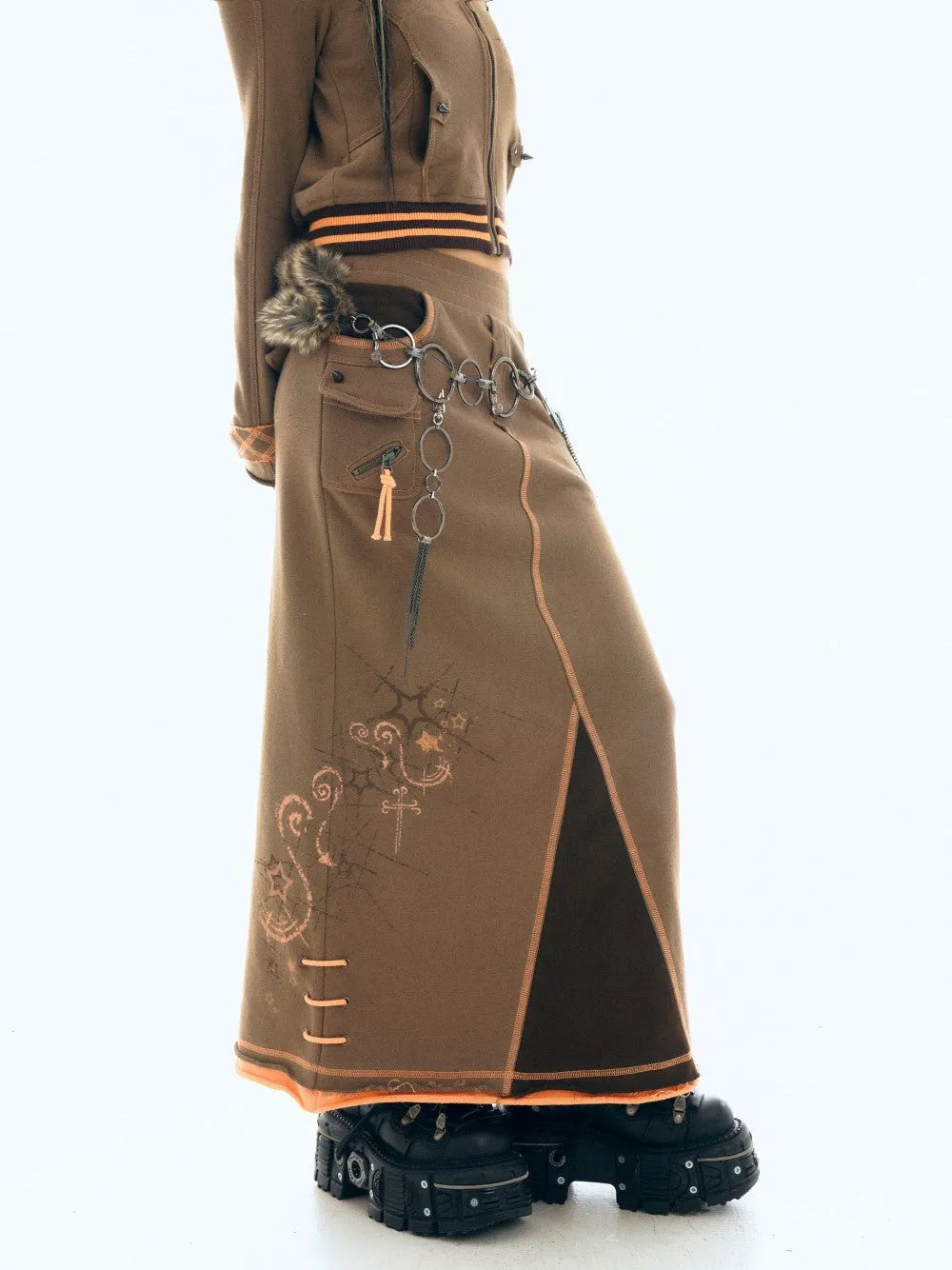 Embroidered Chain Cargo Maxi Skirt