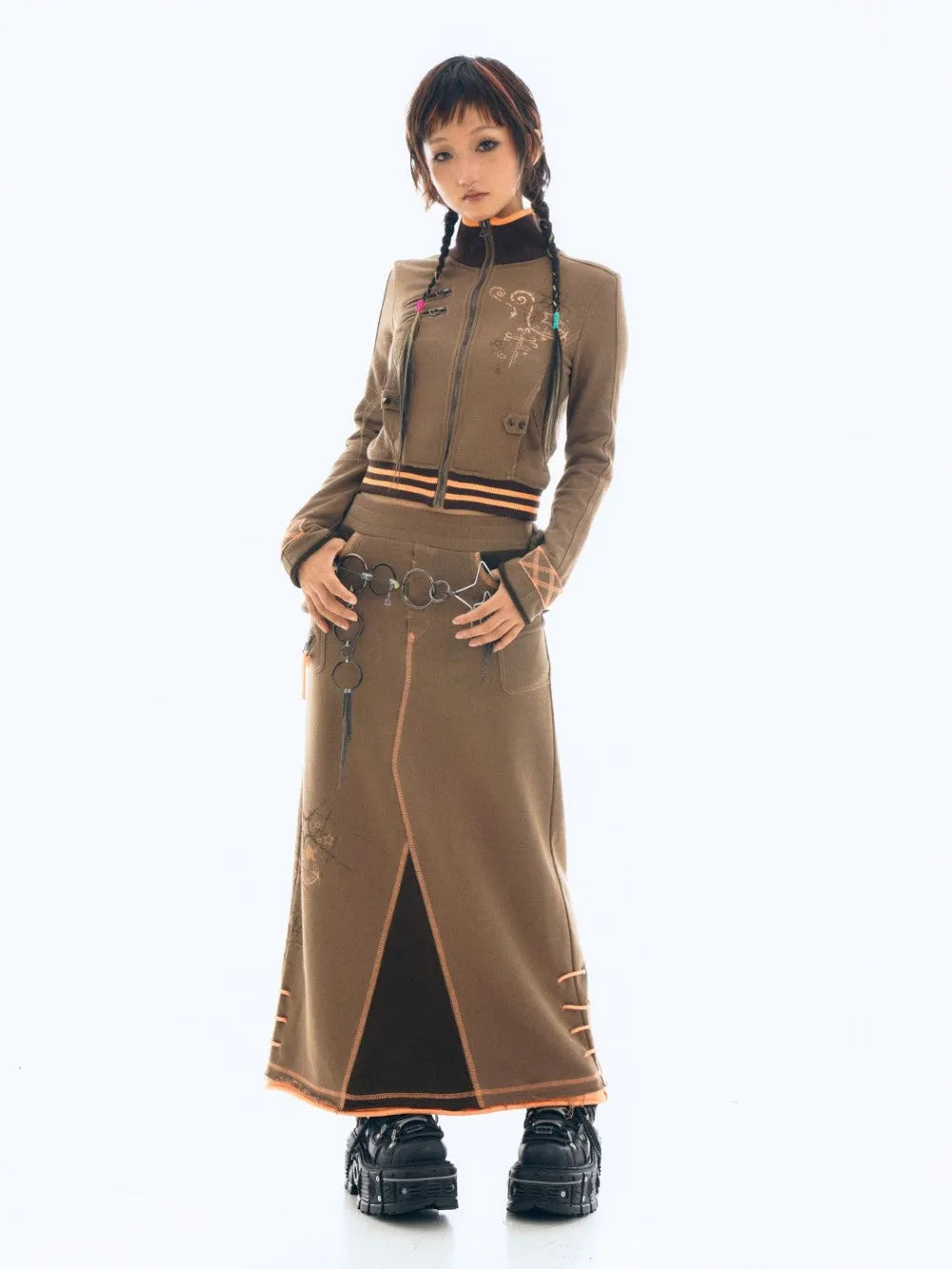 Embroidered Chain Cargo Maxi Skirt