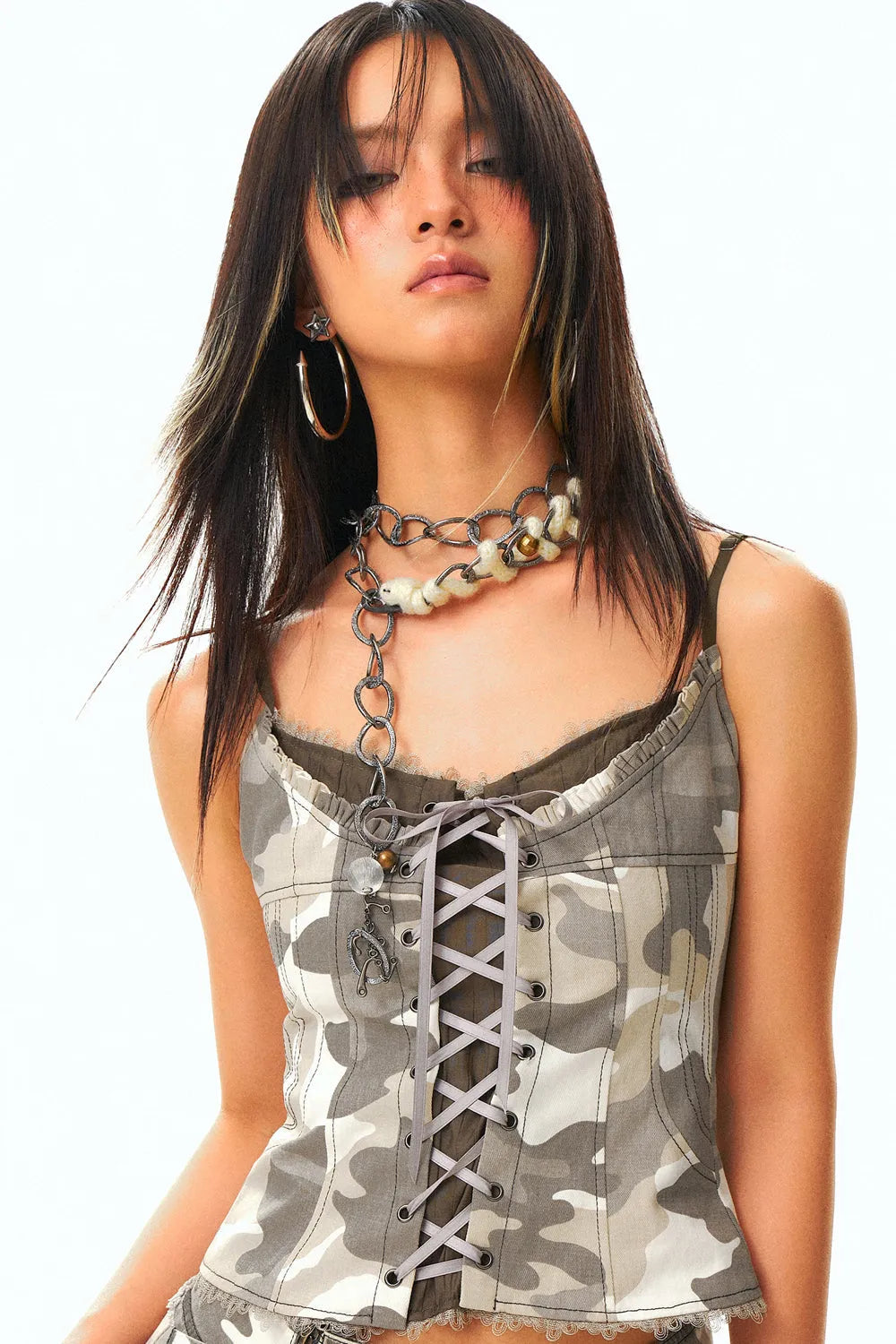 Camo Print Lace-Up Corset Top