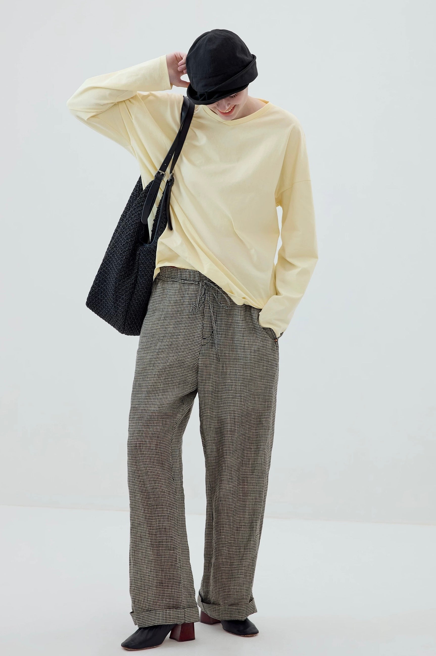 Plaid Linen Drawstring Trousers