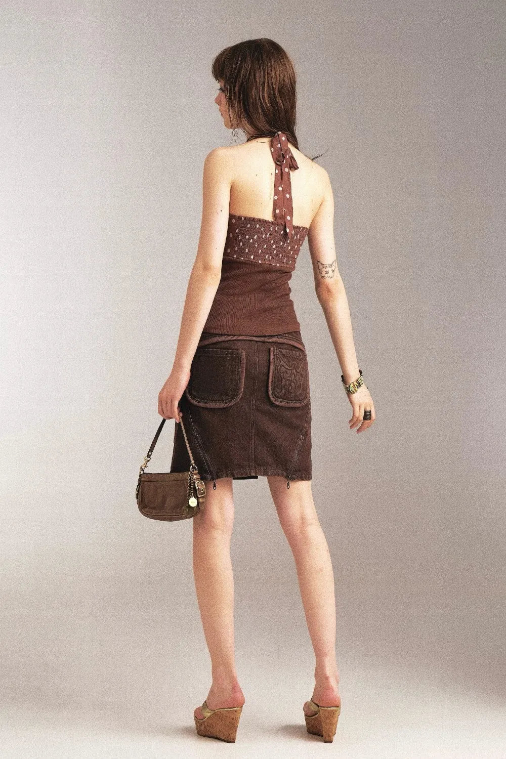 Brown Denim Pencil Skirt with Front Pockets and Slit