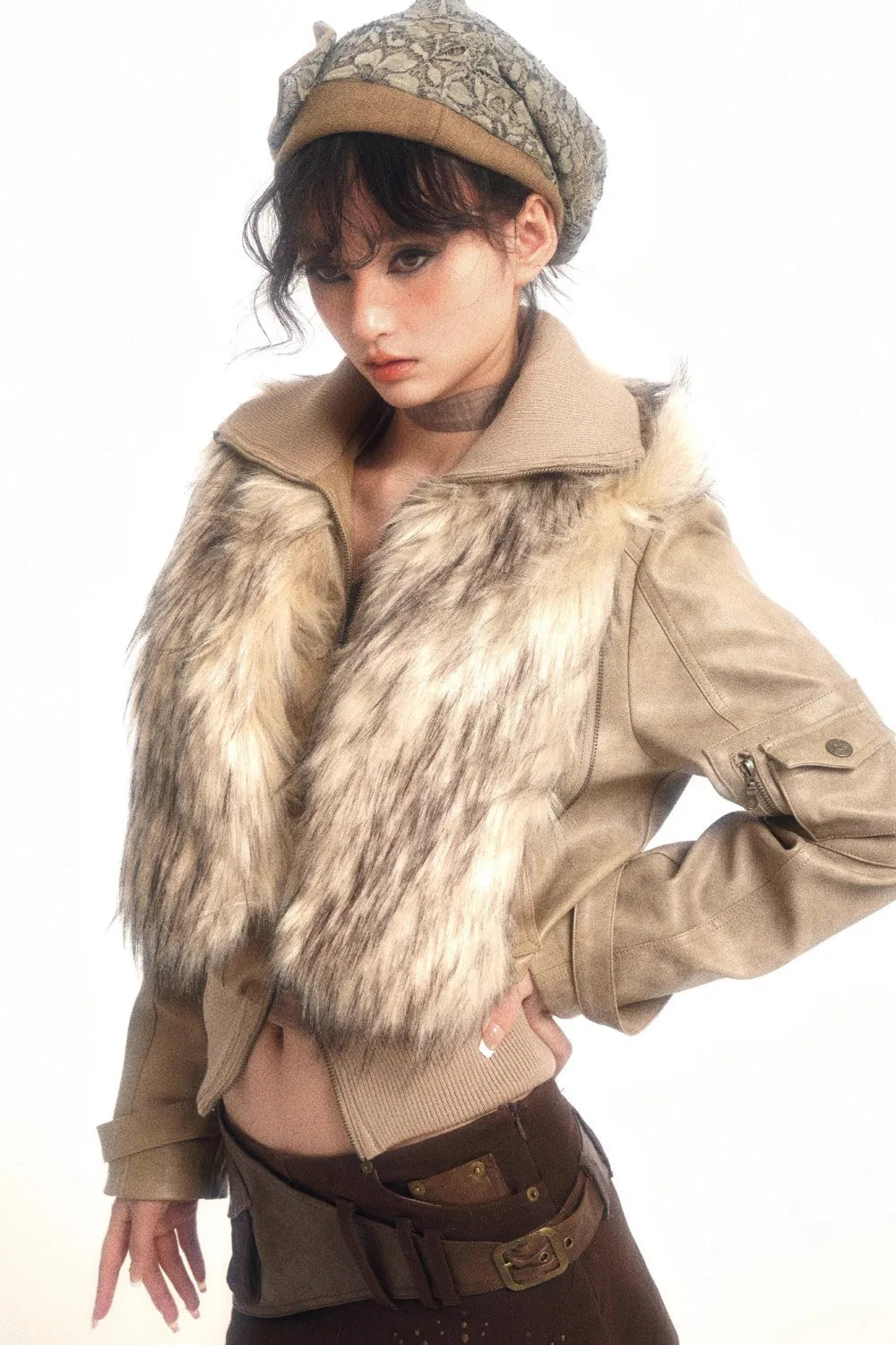Cropped Jacket with Faux Fur Collar