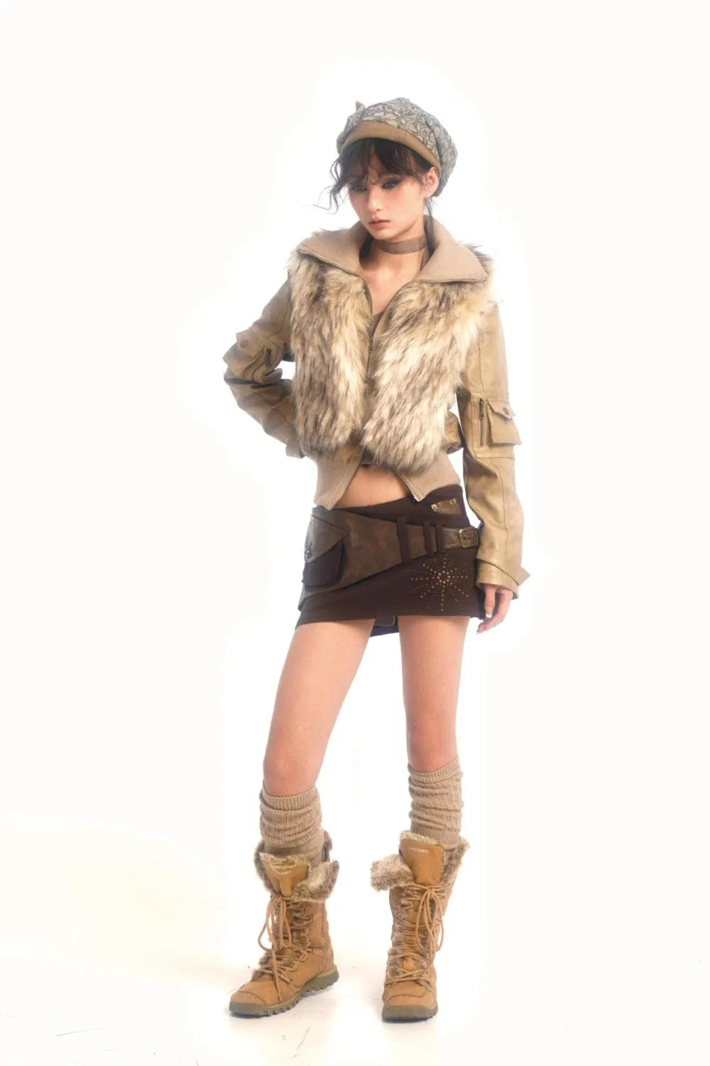 Cropped Jacket with Faux Fur Collar