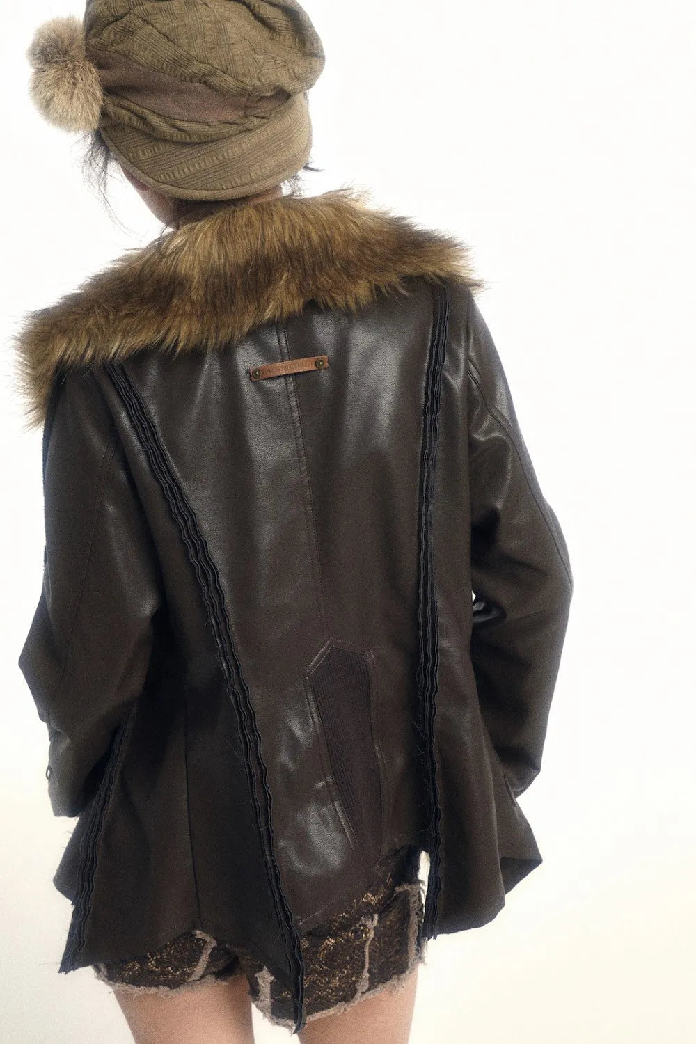 Irregular Fur Trim Leather Biker Jacket