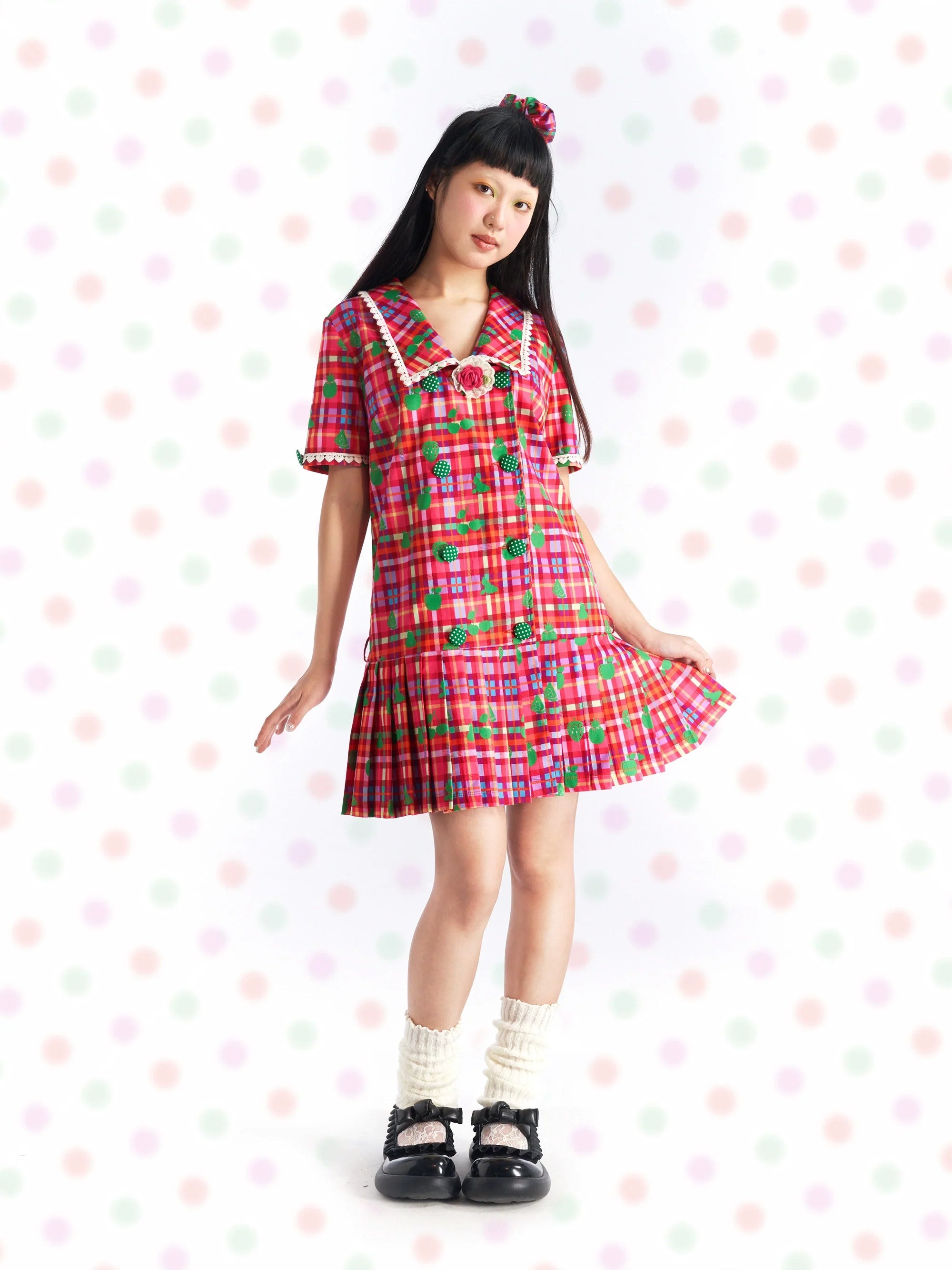 Pink Plaid Apple Print Pleated Dress