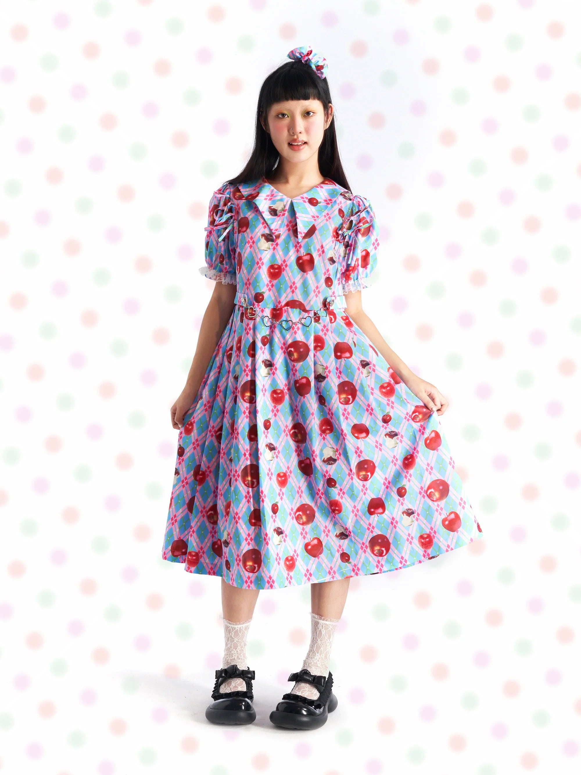Blue and Pink Apple Print Collar Dress